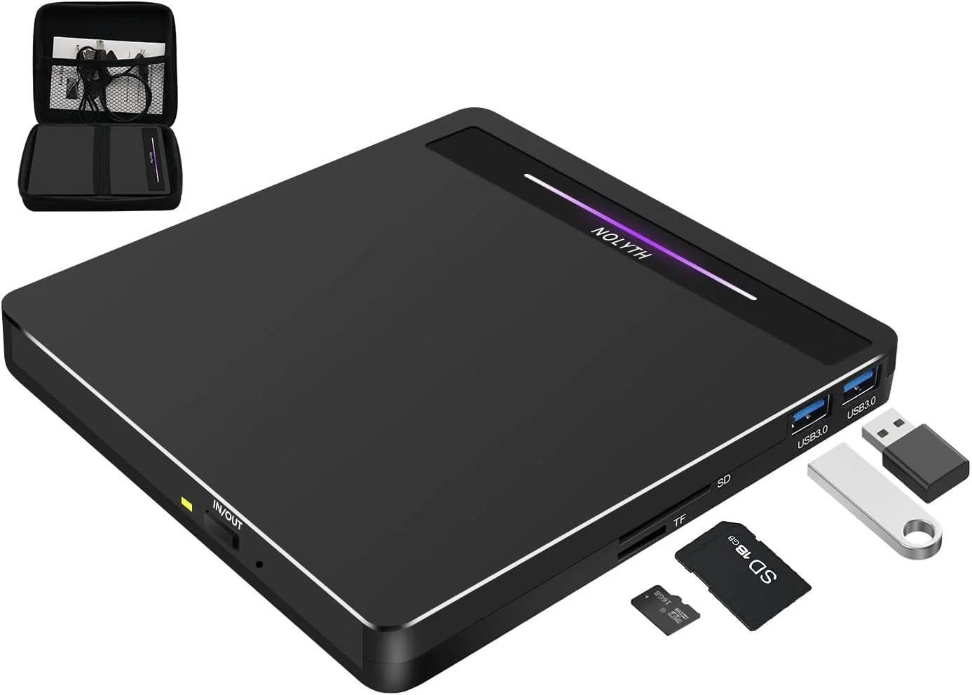 درایو نوری اکسترنال NOLYTH برای لپ تاپ، USB 3.0 Type-C قابل حمل با پورت های SD/TF 2 USB، بارنر/رایتر/ریدر/پلیر CD/DVD RW باریک برای مک بوک PC ویندوز لینوکس