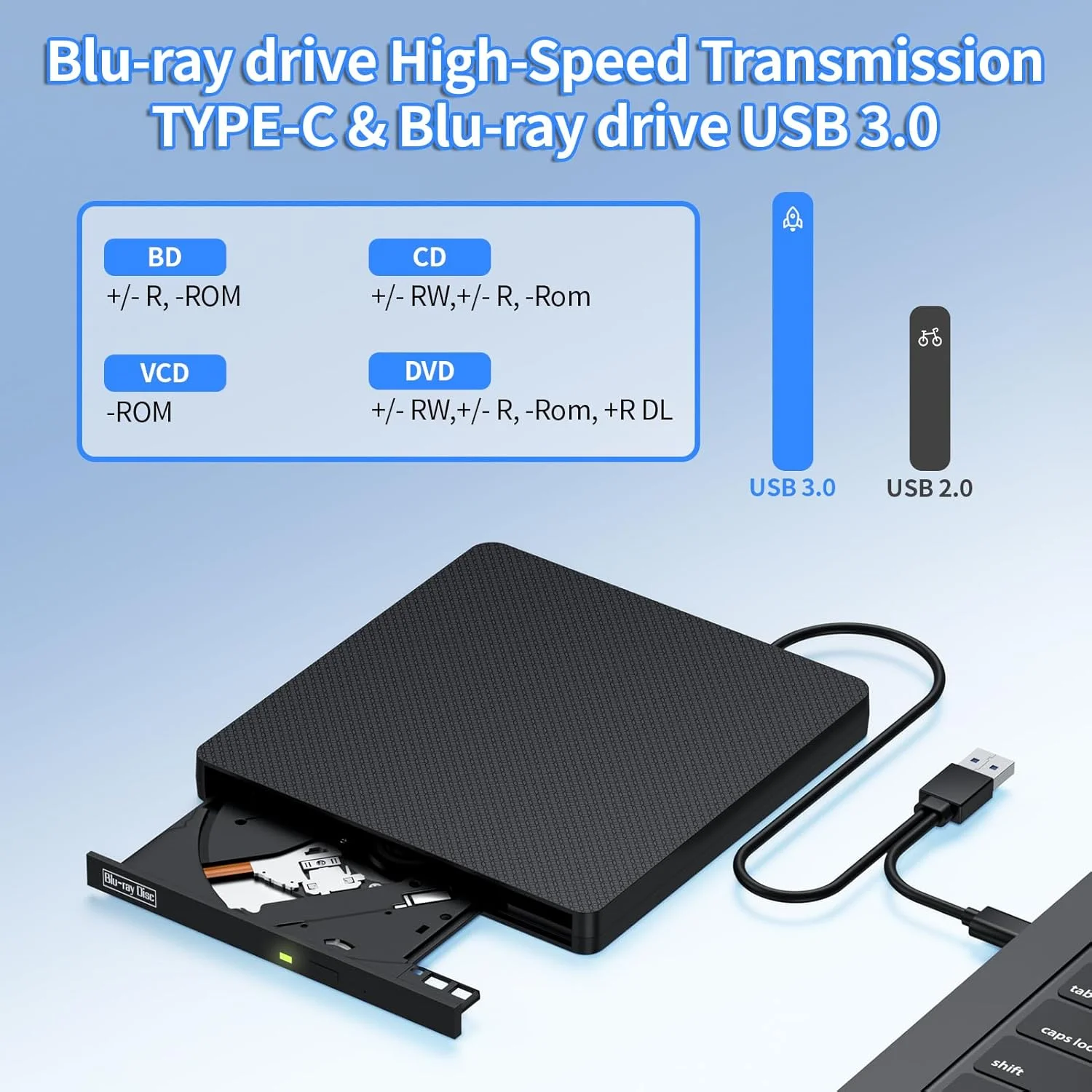 درایو بلوری اکسترنال، USB 3.0 و Type-C BD/DVD/CD رایتر - پخش کننده بلوری قابل حمل با پخش سه بعدی، سازگار با ویندوز، لینوکس، مک او اس (2 در 1)