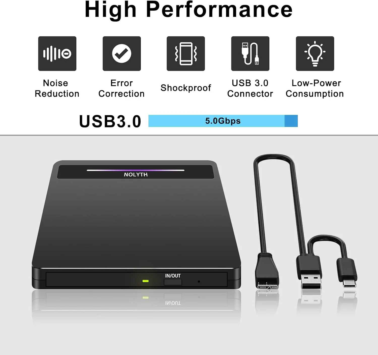 درایو نوری اکسترنال NOLYTH برای لپ تاپ، USB 3.0 Type-C قابل حمل با پورت های SD/TF 2 USB، بارنر/رایتر/ریدر/پلیر CD/DVD RW باریک برای مک بوک PC ویندوز لینوکس