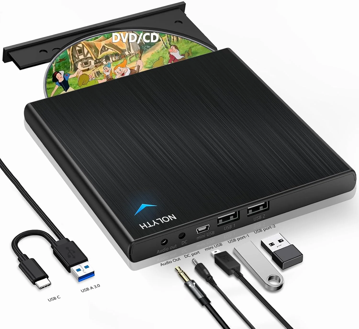 درایو CD اکسترنال NOLYTH برای لپ تاپ: درایو DVD اکسترنال با 1 خروجی صدا و 2 پورت USB - رایتر قابل حمل Plug & Play درایوهای نوری اکسترنال برای مک بوک ویندوز 11