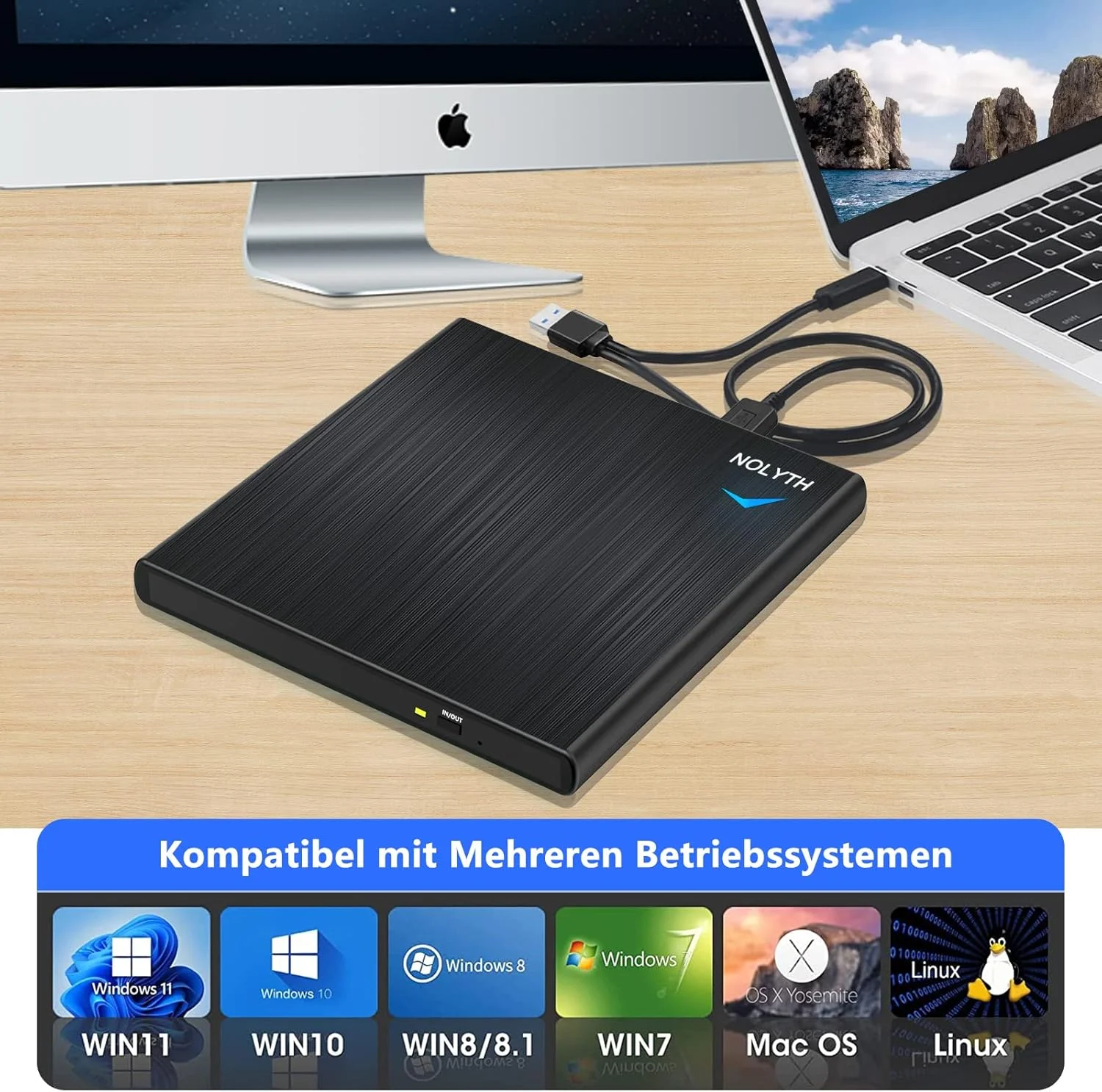 درایو CD اکسترنال NOLYTH برای لپ تاپ: درایو DVD اکسترنال با 1 خروجی صدا و 2 پورت USB - رایتر قابل حمل Plug & Play درایوهای نوری اکسترنال برای مک بوک ویندوز 11