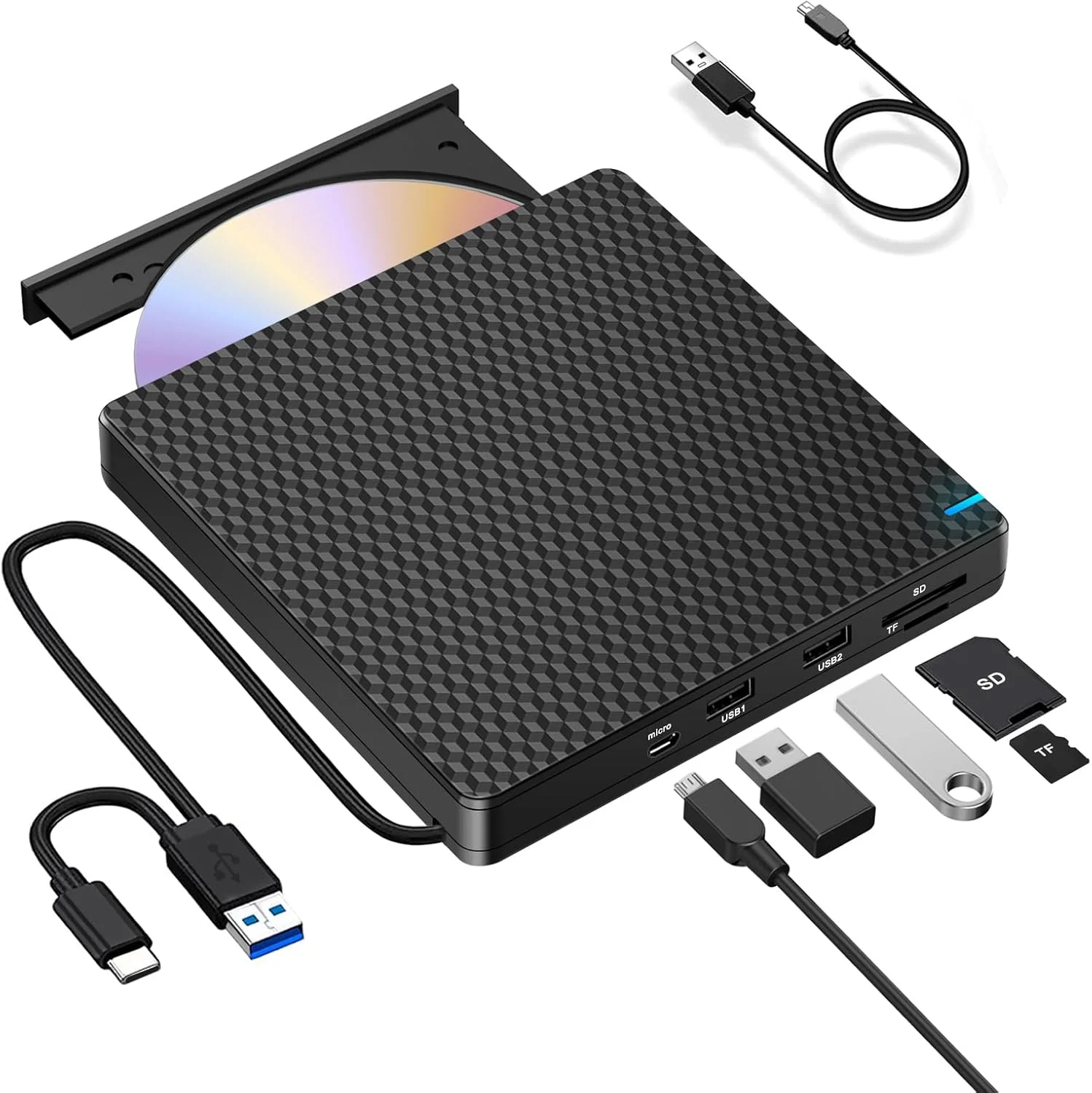 درایو DVD اکسترنال NOLYTH، درایو CD اکسترنال USB C، پخش کننده/رایتر CD/DVD اکسترنال با 2 پورت USB و پورت SD TF، درایو CD اکسترنال قابل حمل برای لپ تاپ PC MacBook Mac Windows 11 Linux