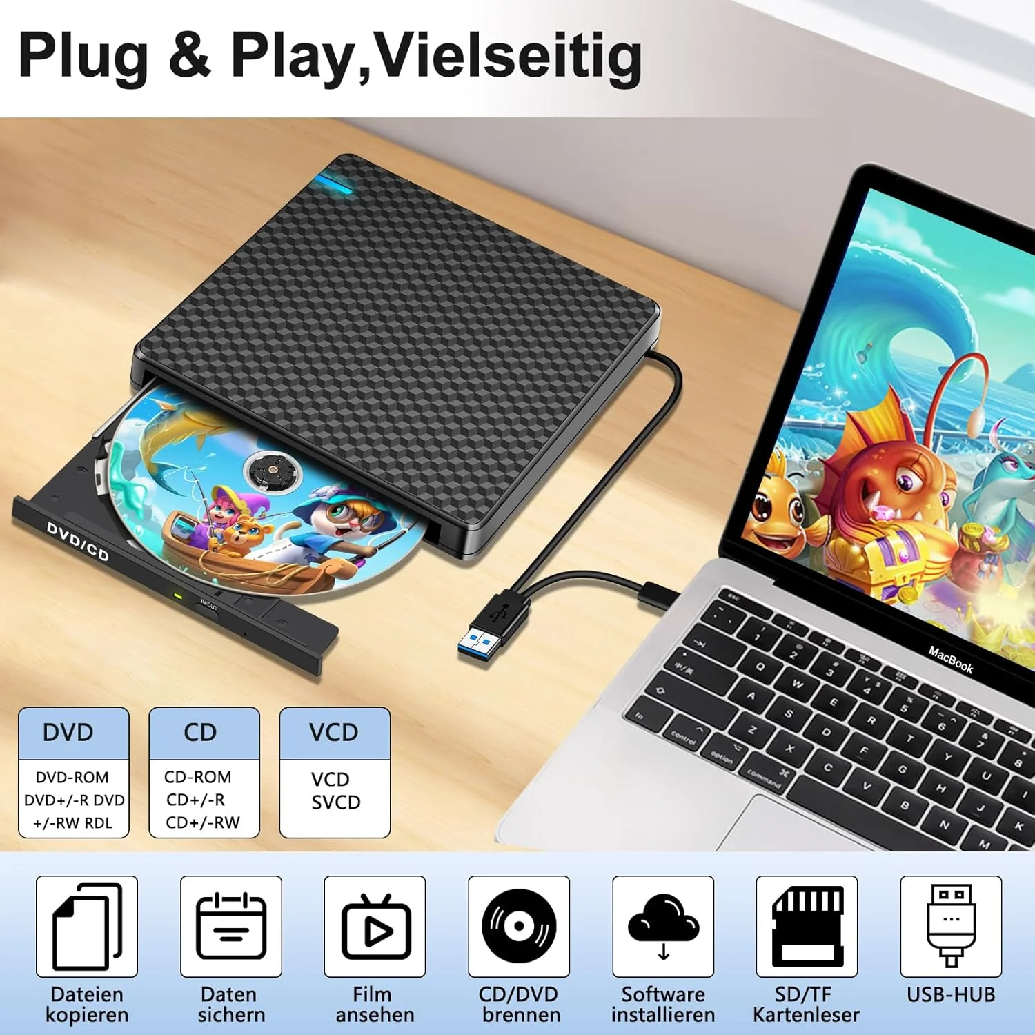 درایو DVD اکسترنال NOLYTH، درایو CD اکسترنال USB C، پخش کننده/رایتر CD/DVD اکسترنال با 2 پورت USB و پورت SD TF، درایو CD اکسترنال قابل حمل برای لپ تاپ PC MacBook Mac Windows 11 Linux