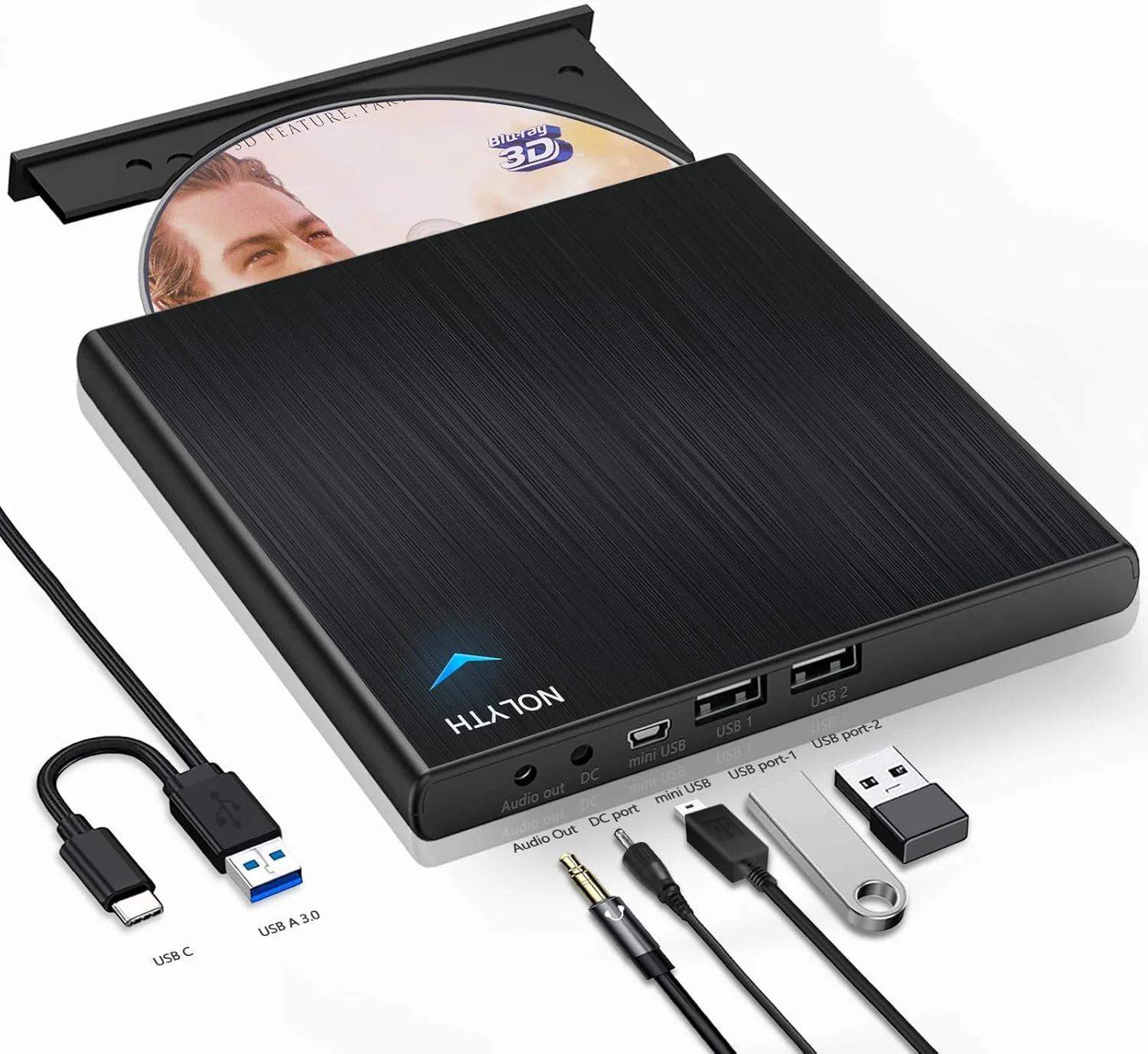 درایو بلوری اکسترنال NOLYTH با 1 پورت صدا و 2 پورت USB، درایو بلوری اکسترنال USB C برای لپ تاپ، مک، کامپیوتر، ویندوز، مک بوک