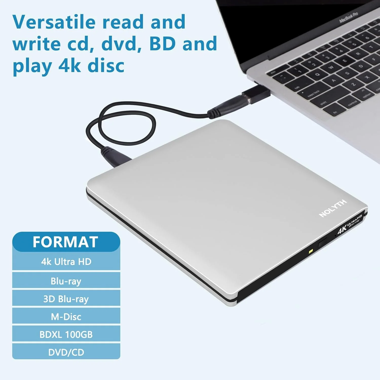 درایو بلوری اکسترنال NOLYTH، USB 3.0 Type-C UHD 4K CD DVD بلوری رایتر اکسترنال 3D BD BDXL درایوهای بلوری اکسترنال برای لپ تاپ PC ویندوز 11/10/8/7 لینوکس مک مک بوک ایر پرو
