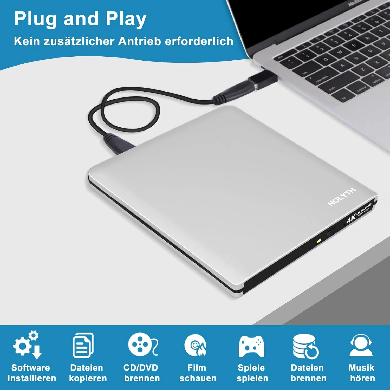 درایو بلوری اکسترنال NOLYTH، USB 3.0 Type-C UHD 4K CD DVD بلوری رایتر اکسترنال 3D BD BDXL درایوهای بلوری اکسترنال برای لپ تاپ PC ویندوز 11/10/8/7 لینوکس مک مک بوک ایر پرو