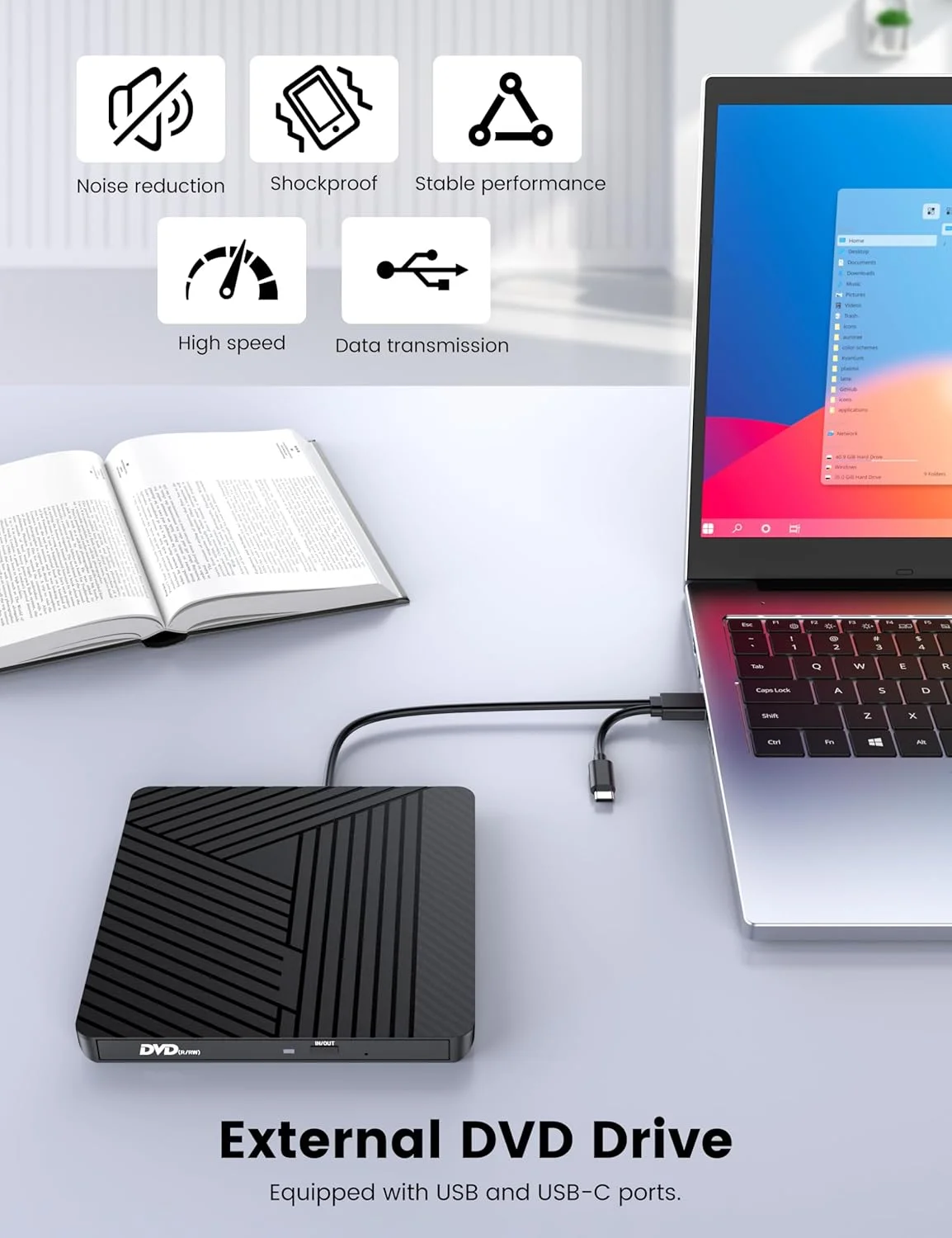 درایو نوری اکسترنال MOSWAG برای لپ تاپ و مک، USB 3.0 و USB C، درایو خواننده و نویسنده CD/DVD، باریک و قابل حمل، برای کامپیوترهای رومیزی، ویندوز 11/10، مک بوک پرو و لینوکس