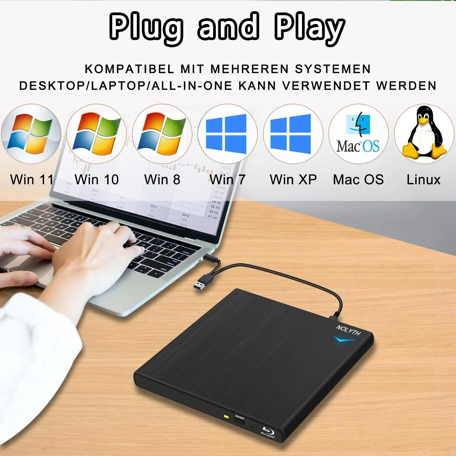 درایو بلوری اکسترنال NOLYTH با 1 پورت صدا و 2 پورت USB، درایو بلوری اکسترنال USB C برای لپ تاپ، مک، کامپیوتر، ویندوز، مک بوک