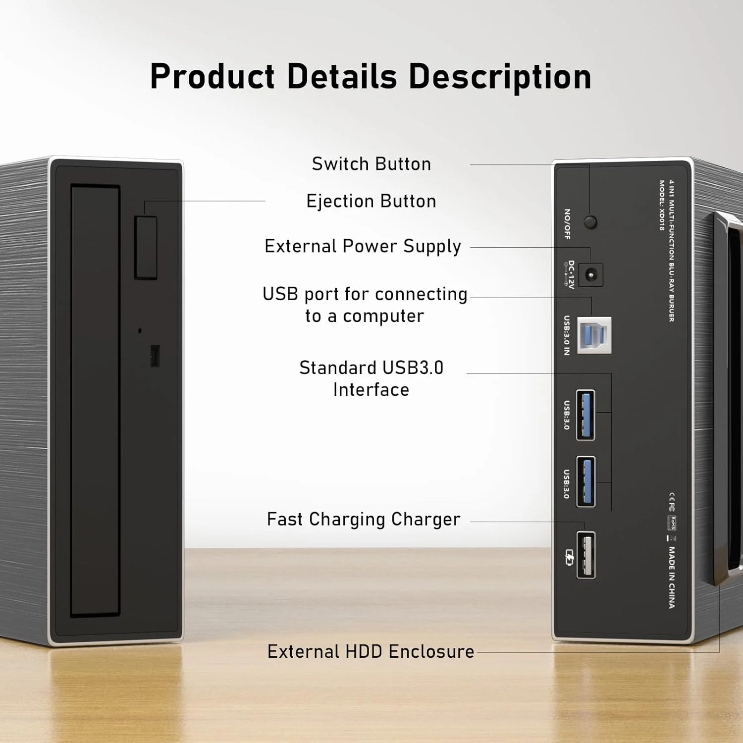 درایو بلوری اکسترنال 4 در 1، USB 3.0 16x و درایو بلوری اکسترنال Type-C، دسکتاپ چند منظوره با قابلیت شارژ سریع BD/CD/DVD رایتر/خوان با محفظه HDD USB HUB برای هر دو مک/کامپیوتر