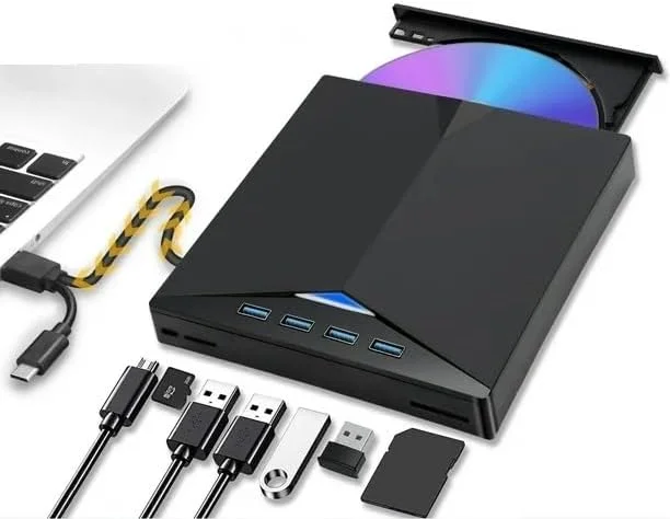 درایو نوری اکسترنال MICROWARE مدل 7 در 1 USB 3.0 - پخش کننده/رایتر CD/DVD +/-RW تایپ C، دارای 4 پورت USB، پشتیبانی از کارت SD/TF، درایو نوری CD DVD (مشکی)