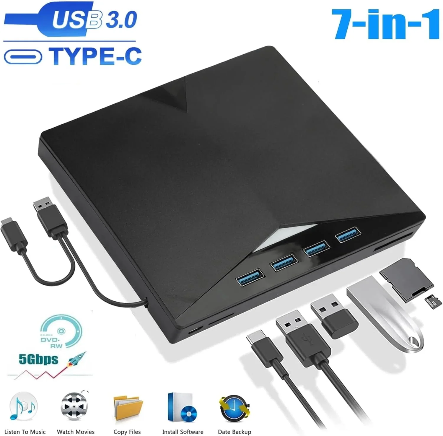 درایو نوری اکسترنال MICROWARE مدل 7 در 1 USB 3.0 - پخش کننده/رایتر CD/DVD +/-RW تایپ C، دارای 4 پورت USB، پشتیبانی از کارت SD/TF، درایو نوری CD DVD (مشکی) درایو نوری اکسترنال MICROWARE مدل 7 در 1 USB 3.0 - پخش کننده/رایتر CD/DVD +/-RW تایپ C، دارای 4 پورت USB، پشتیبانی از کارت SD/TF، درایو نوری CD DVD (مشکی)