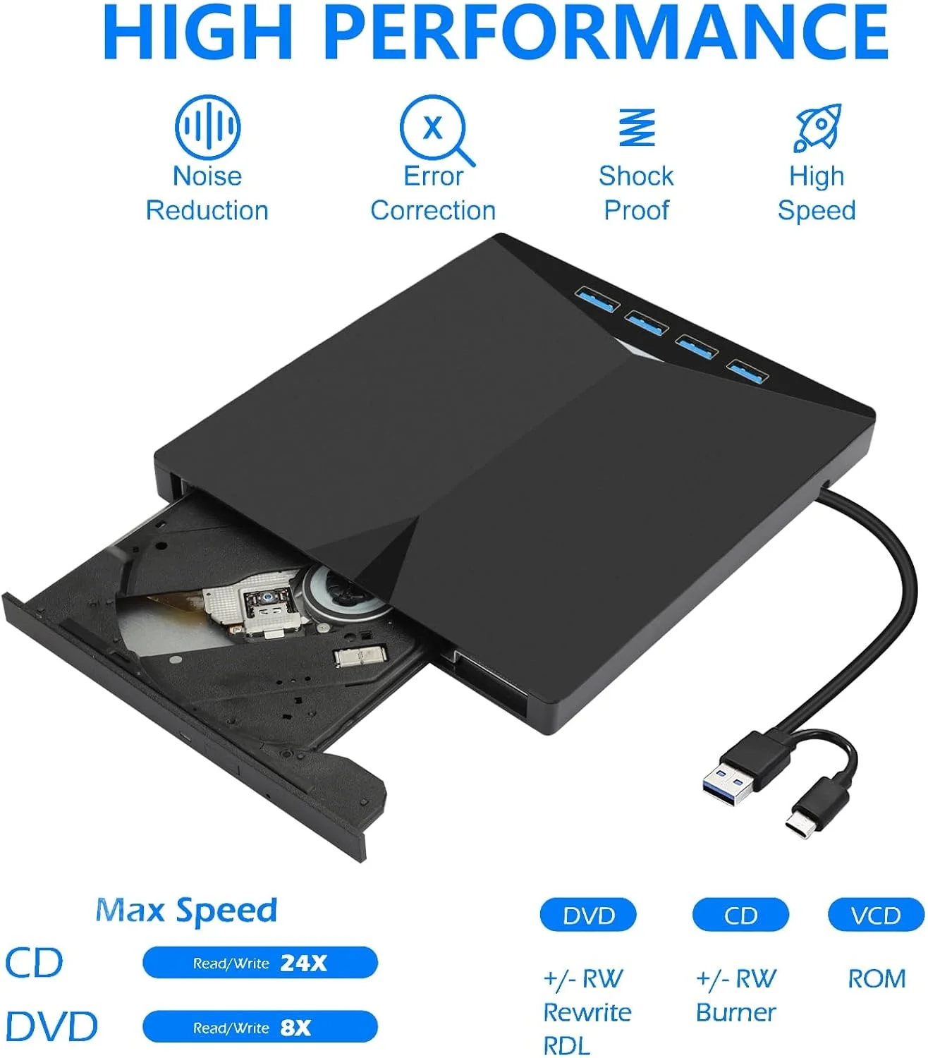 درایو نوری اکسترنال MICROWARE USB 3.0 USB C با قابلیت خواندن و نوشتن CD و DVD برای لپ تاپ، مک، کامپیوتر، ویندوز، لینوکس، دارای اسلات کارت حافظه TF و SD