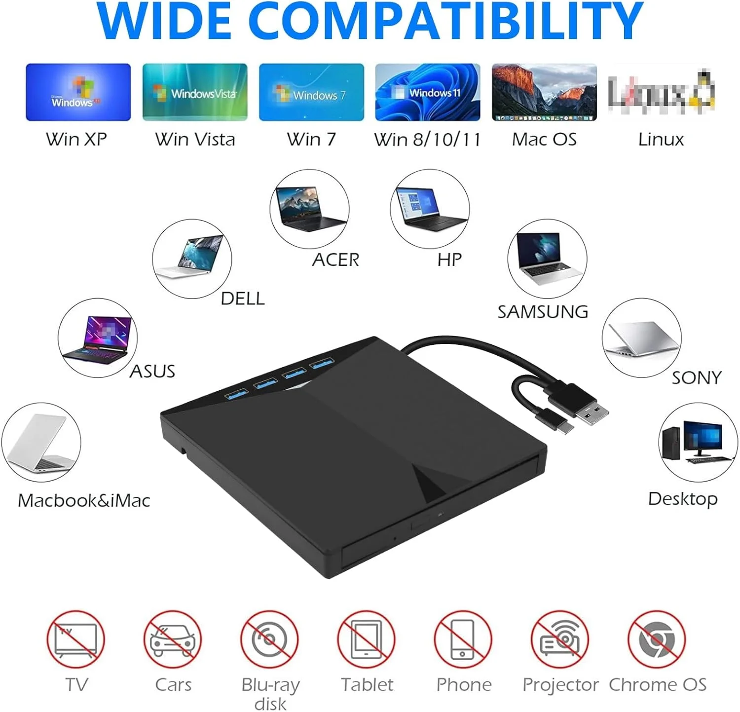 درایو نوری اکسترنال MICROWARE USB 3.0 USB C با قابلیت خواندن و نوشتن CD و DVD برای لپ تاپ، مک، کامپیوتر، ویندوز، لینوکس، دارای اسلات کارت حافظه TF و SD
