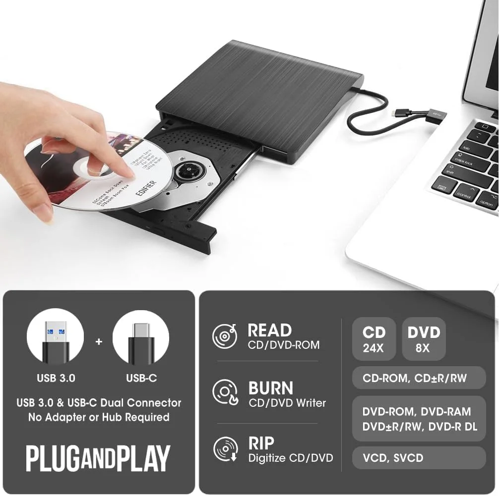 درایو نوری اکسترنال MICROWARE برای لپ تاپ، Type-C و USB 3.0 و قابل حمل، پخش کننده DVD برای لپ تاپ، CD Burner بی صدا، درایو RW Optical Readers، سازگار با دسکتاپ PC Mac Linux Mac Windows
