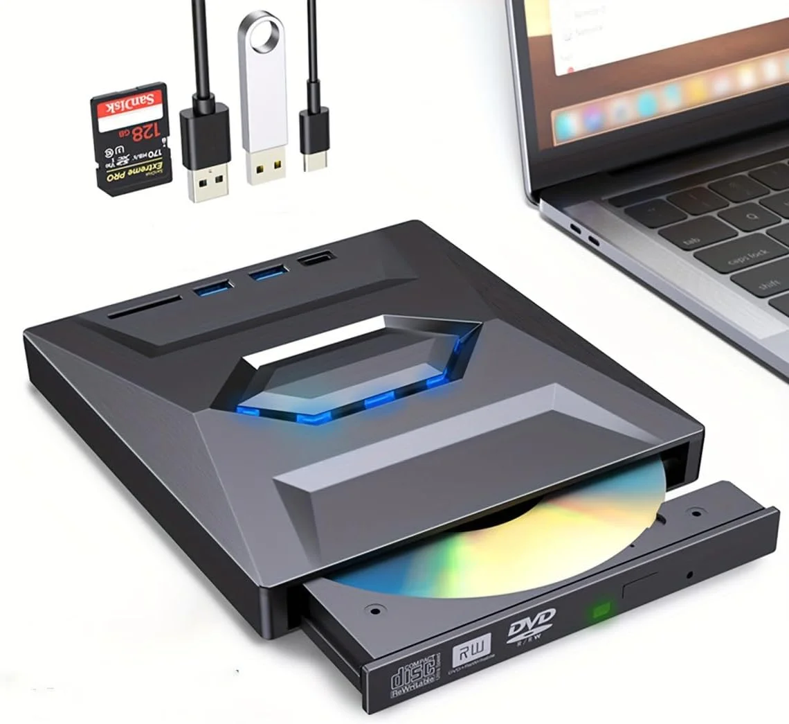 درایو نوری اکسترنال MICROWARE، درایو CD/DVD +/-RW قابل حمل USB C / پخش کننده DVD با کارت خوان SD، هاب USB 3.0 USB C، سازگار با لپ تاپ، کامپیوتر رومیزی، ویندوز، لینوکس، اپل مک