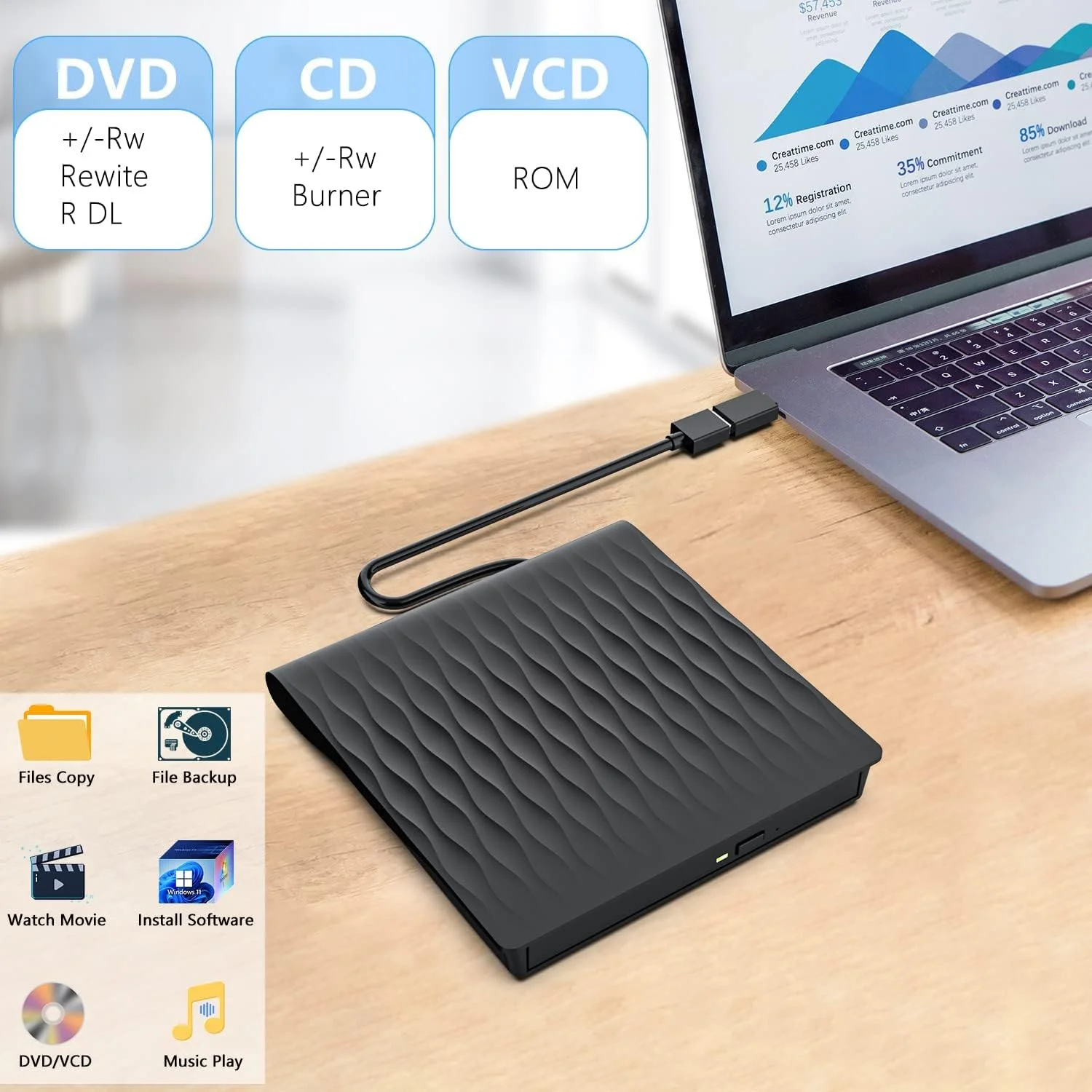 درایو اکسترنال CD/DVD MAKINGTEC، برای لپ تاپ USB 3.0 و Type-C، رایتر CD/DVD+/-RW اکسترنال برای لپ تاپ، دسکتاپ، iMac، MacBook، سازگار با Windows 11/10/XP/8/7/Vista/Linux/MacOS