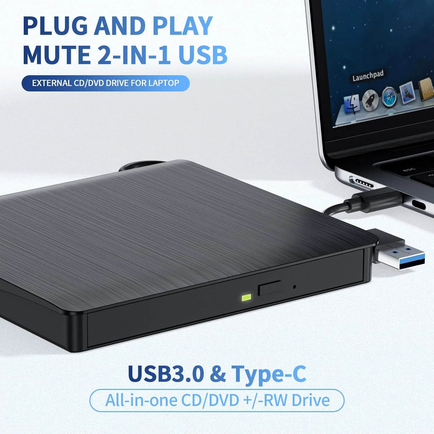 درایو نوری اکسترنال CD/DVD برای لپ تاپ، USB 3.0 و Type-C، پخش کننده DVD قابل حمل، درایو نوری اکسترنال باریک، اتصال و پخش آسان، CD/DVD RW، سازگار با PC، Mac، Linux (مشکی 2 در 1)