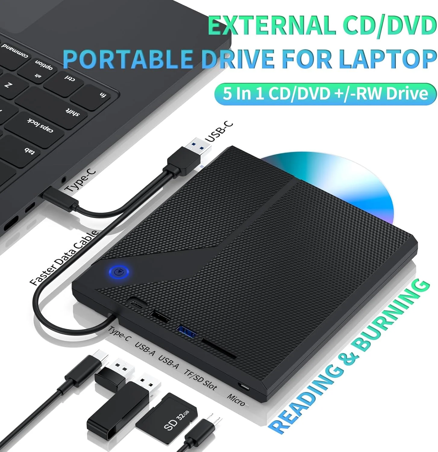درایو نوری اکسترنال CD/DVD برای لپ تاپ، پخش کننده USB 3.0 پنج در یک، رایتر CD/DVD قابل حمل و بی صدا، رایتر ROM اسلات خور، درایو دیسک اکسترنال برای لپ تاپ، کامپیوتر رومیزی، مک بوک، مک برای سیستم عامل ویندوز (مشکی)