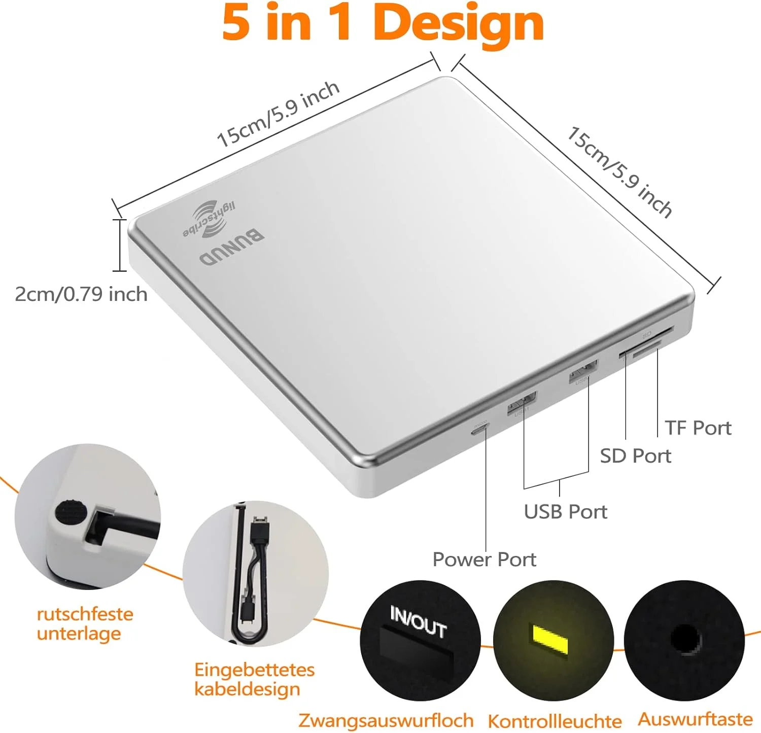 درایو نوری اکسترنال CD DVD با USB 3.0 و Type-C، درایو دیسک قابل حمل CD/DVD +/-RW با اسلات SD/TF و 2 پورت USB، پخش کننده DVD باریک برای لپ تاپ مک بوک پرو ایر ویندوز 11/10 PC اپل iMac