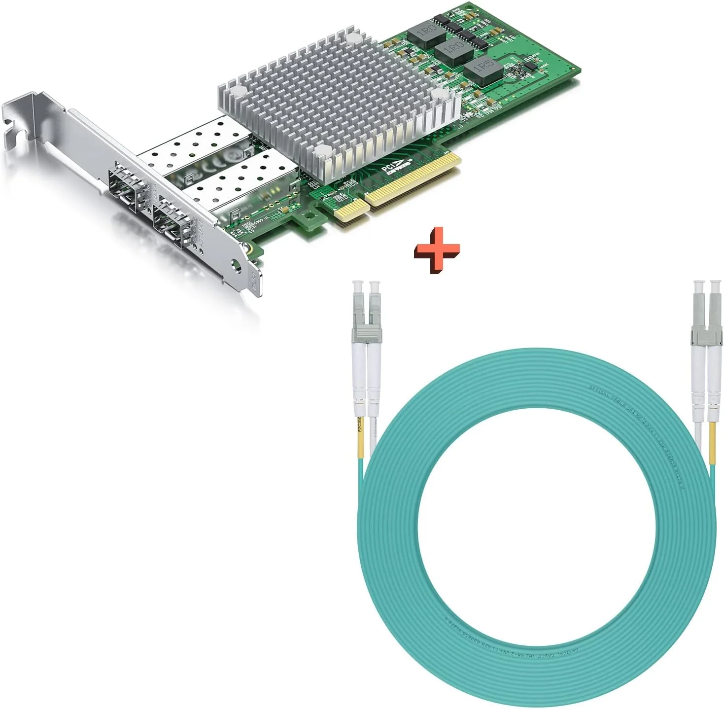 کارت شبکه PCI-E با دو پورت SFP+ 10Gb به همراه کابل فیبر نوری 20 متری OM3 LC به LC، مقایسه با کارت شبکه Broadcom BCM57810S، دو پورت SFP+، PCI Express X8، پشتیبانی از Windows Server/Linux/VMware