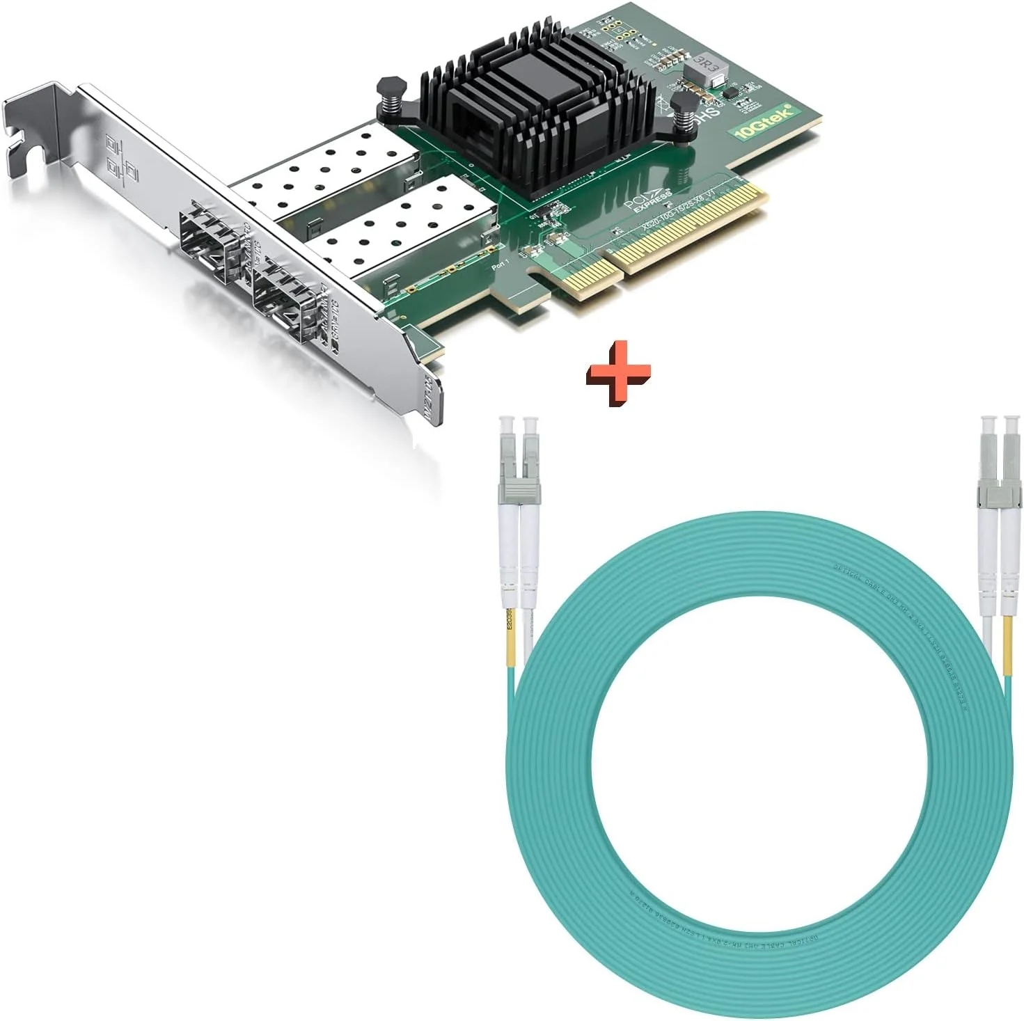 کارت شبکه 10Gb SFP+ PCI-E با کابل فیبر نوری 20 متری OM3 LC به LC، دو پورت SFP+، PCI Express X8، پشتیبانی از Windows Server/Linux/VMware