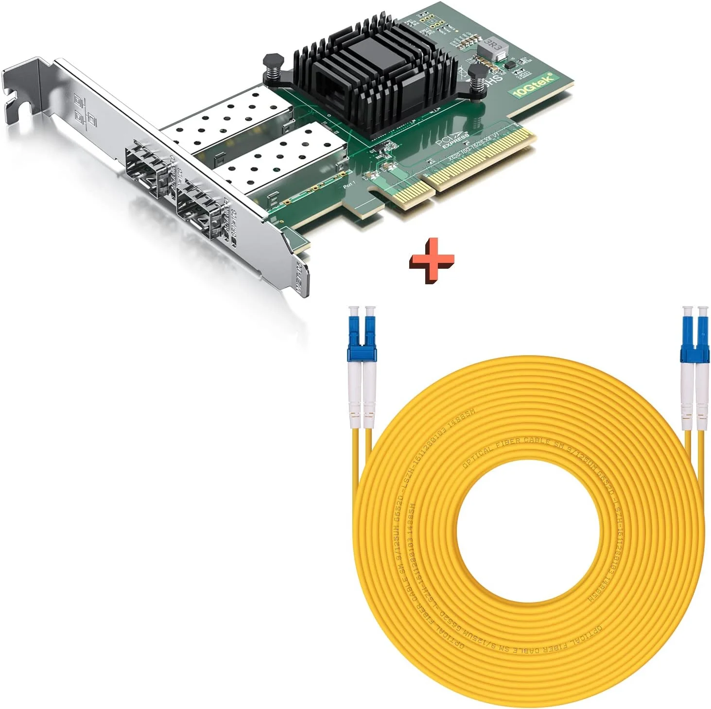 کارت شبکه PCI-E 10Gb SFP+ به همراه کابل فیبر نوری 20 متری OS2 LC به LC، دارای دو پورت SFP+، PCI Express X8، پشتیبانی از Windows Server/Linux/VMware
