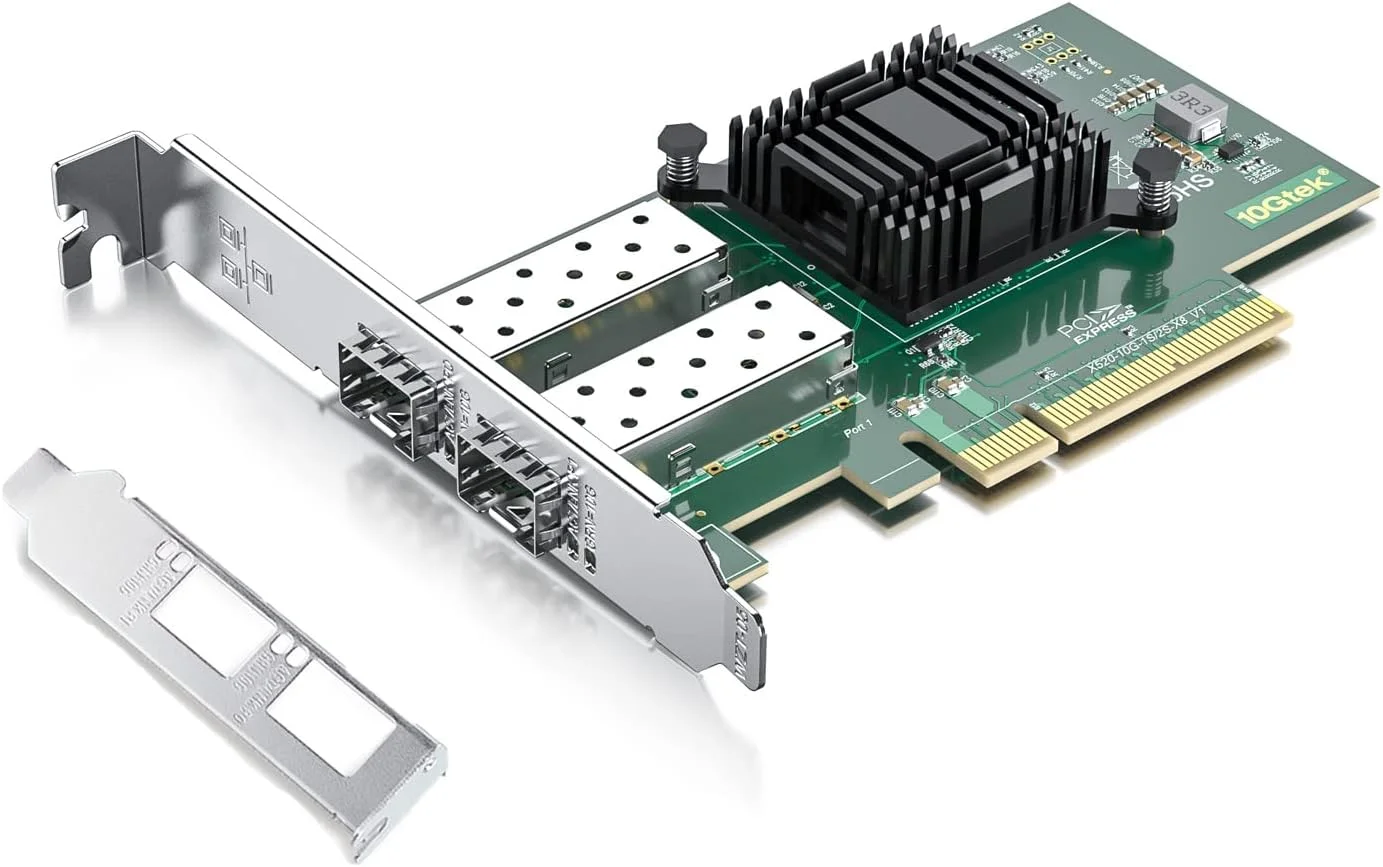 کارت شبکه 10Gb SFP+ PCI-E با کابل فیبر نوری 20 متری OM3 LC به LC، دو پورت SFP+، PCI Express X8، پشتیبانی از Windows Server/Linux/VMware