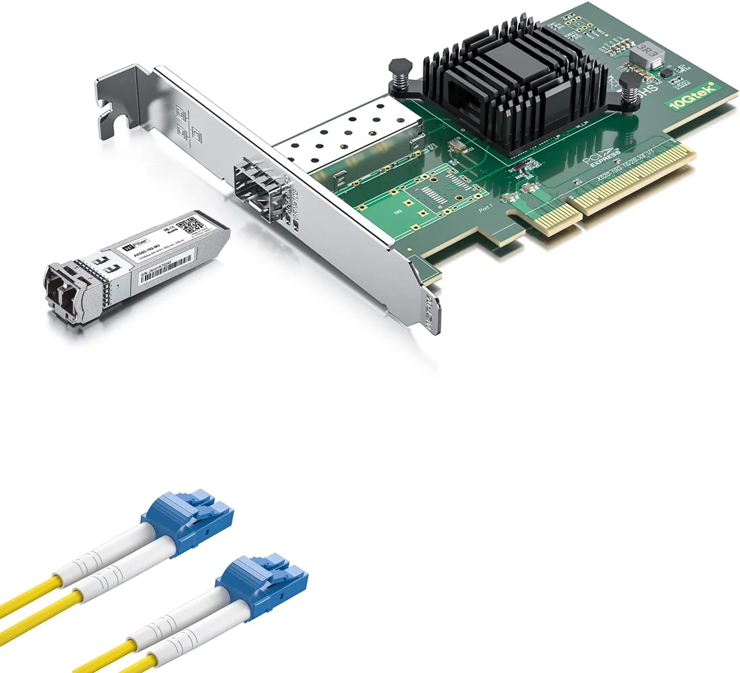 کارت شبکه 10Gb SFP+ PCI-E با ماژول 10G Single Mode SFP+ LC به همراه کابل فیبر نوری 2 متری OS2 LC به LC، مشابه کارت شبکه Intel X520-DA1، تک پورت SFP+، PCI Express X8، پشتیبانی از Windows/Linux/VMware