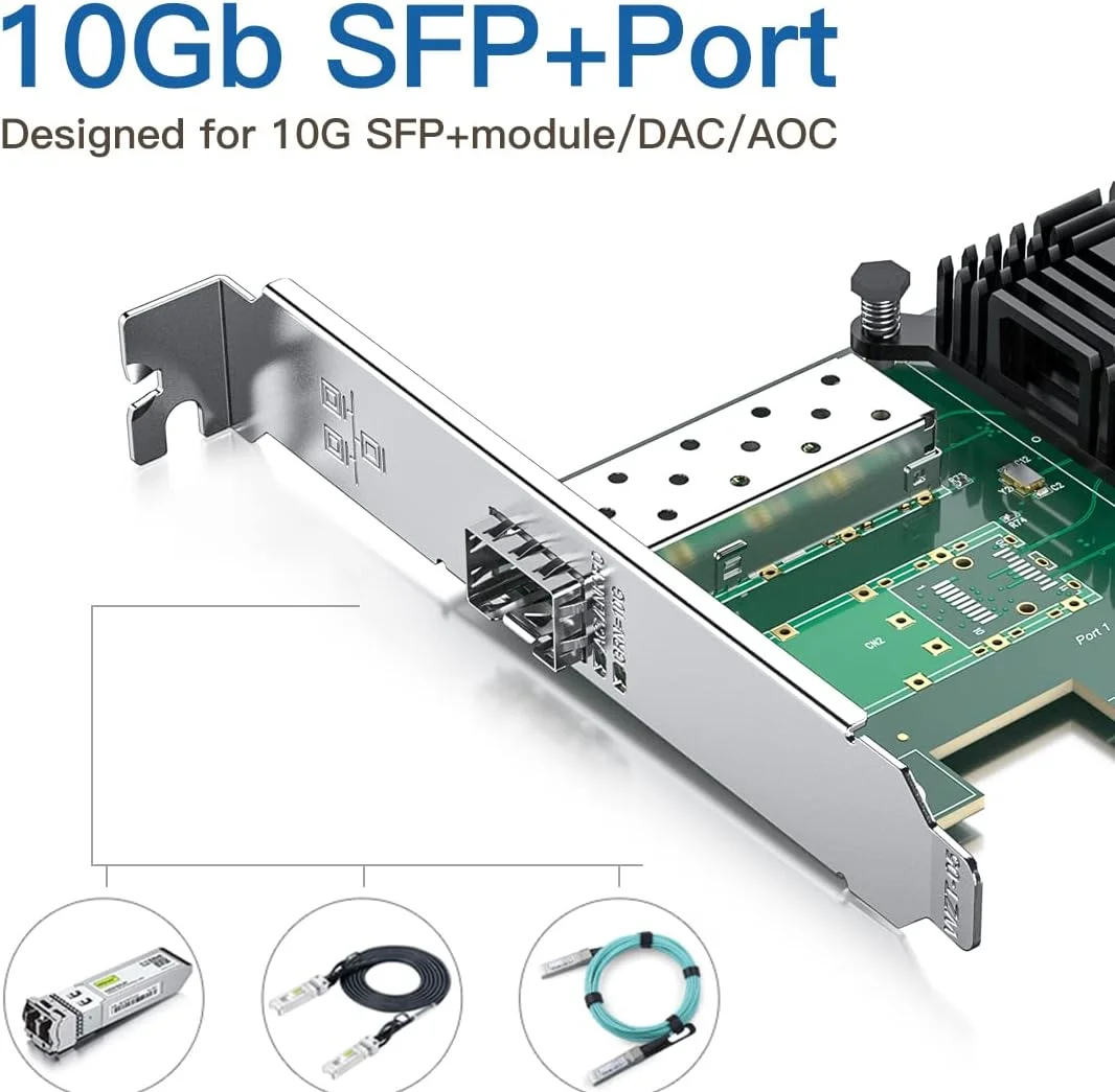 کارت شبکه 10Gb SFP+ PCI-E با ماژول 10G Single Mode SFP+ LC به همراه کابل فیبر نوری 2 متری OS2 LC به LC، مشابه کارت شبکه Intel X520-DA1، تک پورت SFP+، PCI Express X8، پشتیبانی از Windows/Linux/VMware