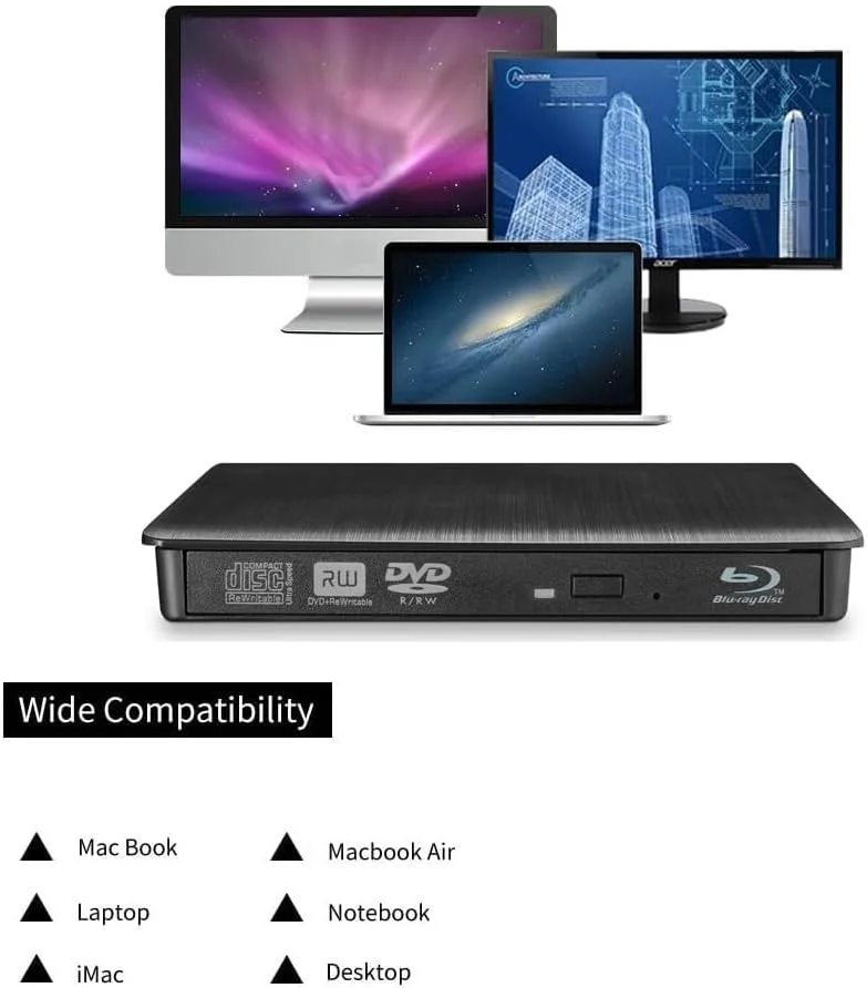 درایو نوری اکسترنال 6X Blu-ray DVD Writer USB 3.0 USB C 3D Blu-ray Player Drive CD DVD Burner برای iMac MacBook Laptop PC Windows 11/10/8/7, Linux, Mac OS