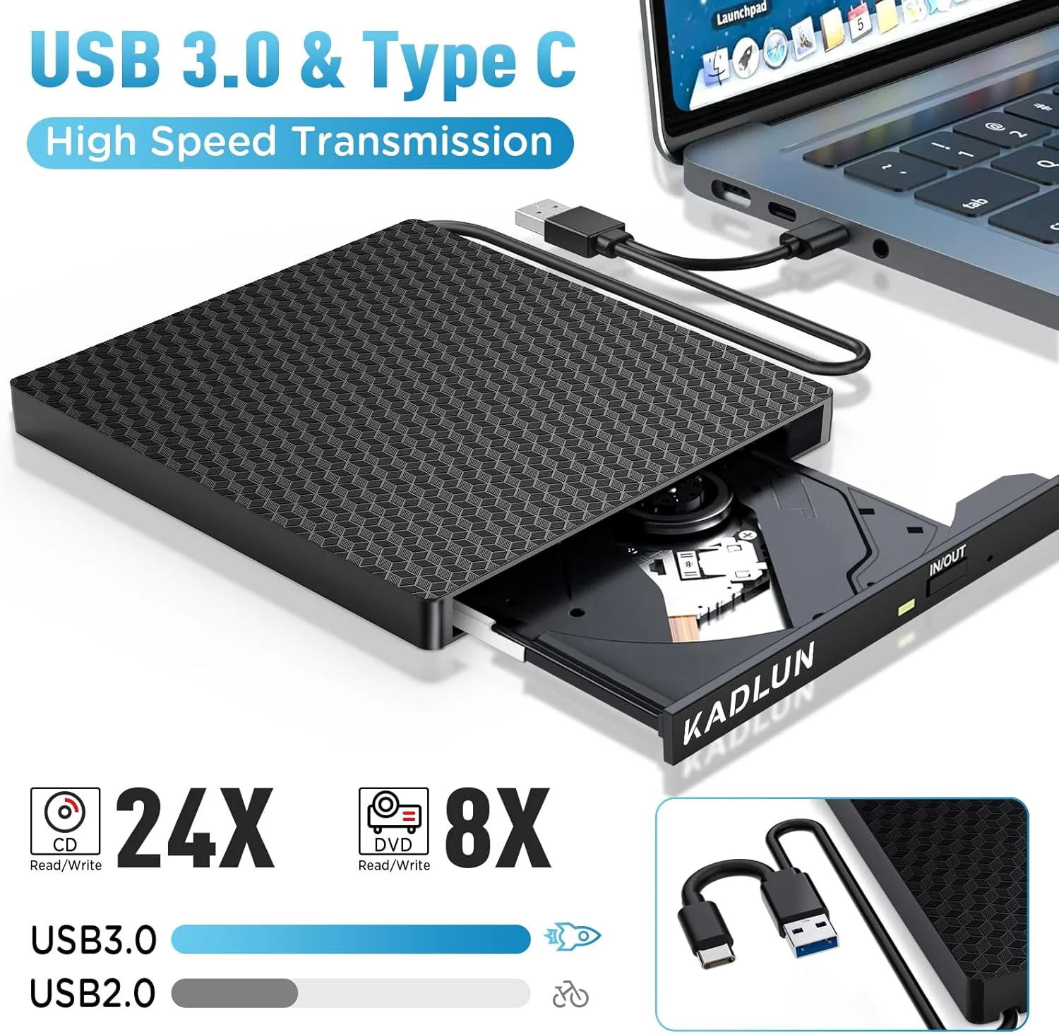 درایو نوری اکسترنال USB 3.0 و USB C برای لپ تاپ، کامپیوتر، مک بوک و آی مک، درایو DVD +/-RW