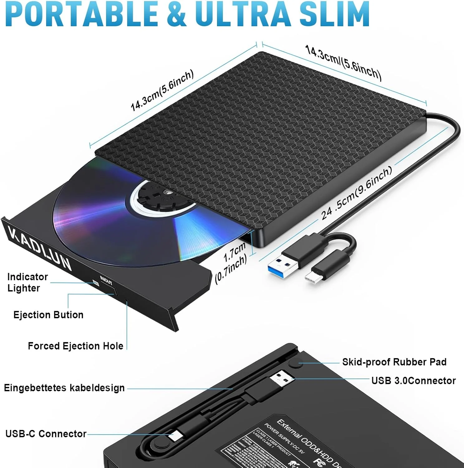 درایو نوری اکسترنال USB 3.0 و USB C برای لپ تاپ، کامپیوتر، مک بوک و آی مک، درایو DVD +/-RW