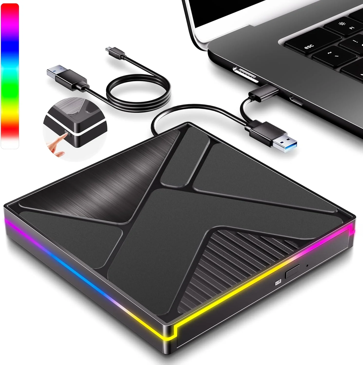 درایو نوری اکسترنال RGB با USB 3.0 و Type C، رایتر و پلیر CD/DVD اکسترنال قابل حمل، انتقال سریع داده برای لپ تاپ، کامپیوتر، مک بوک، Win11/10/8/7/XP، لینوکس، مک OS، ویستا