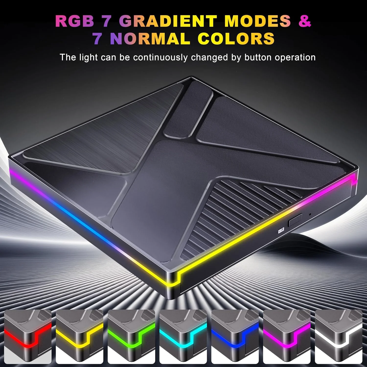 درایو نوری اکسترنال RGB با USB 3.0 و Type C، رایتر و پلیر CD/DVD اکسترنال قابل حمل، انتقال سریع داده برای لپ تاپ، کامپیوتر، مک بوک، Win11/10/8/7/XP، لینوکس، مک OS، ویستا