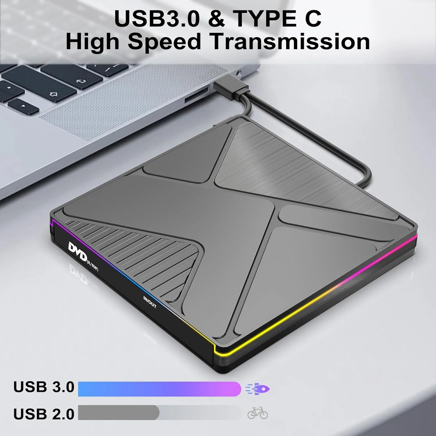 درایو نوری اکسترنال RGB با USB 3.0 و Type C، رایتر و پلیر CD/DVD اکسترنال قابل حمل، انتقال سریع داده برای لپ تاپ، کامپیوتر، مک بوک، Win11/10/8/7/XP، لینوکس، مک OS، ویستا
