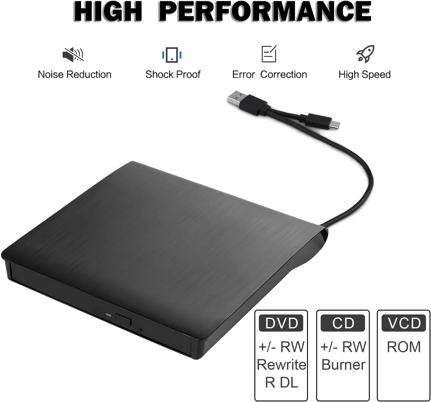 درایو نوری اکسترنال CD DVD با USB 3.0 و Type-C، قابل حمل و باریک، DVD/CD ROM +/-RW +/-R، پخش کننده، خواننده، نویسنده و رایت کننده برای کامپیوتر، لپ تاپ، ویندوز 11/10/8/7 (مشکی)
