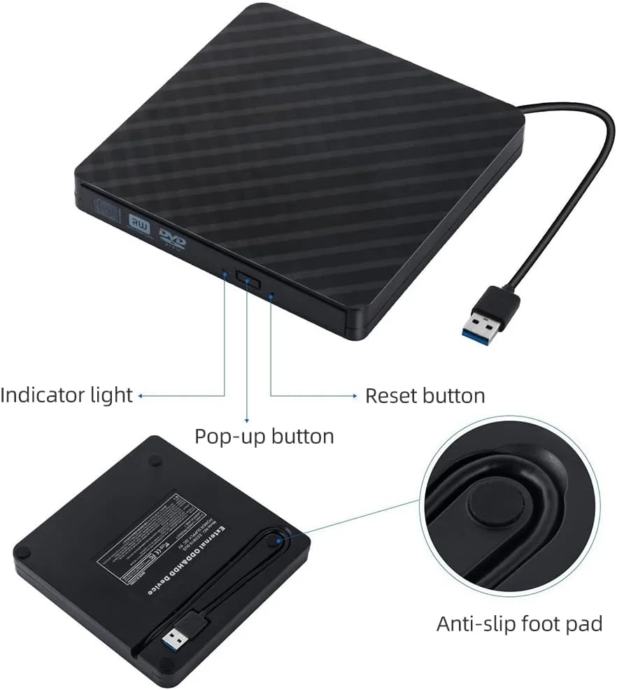 درایو نوری اکسترنال USB3.0 Irovami، پخش کننده CD و DVD با کاربرد گسترده و پشتیبانی از کلید تک، مشکی