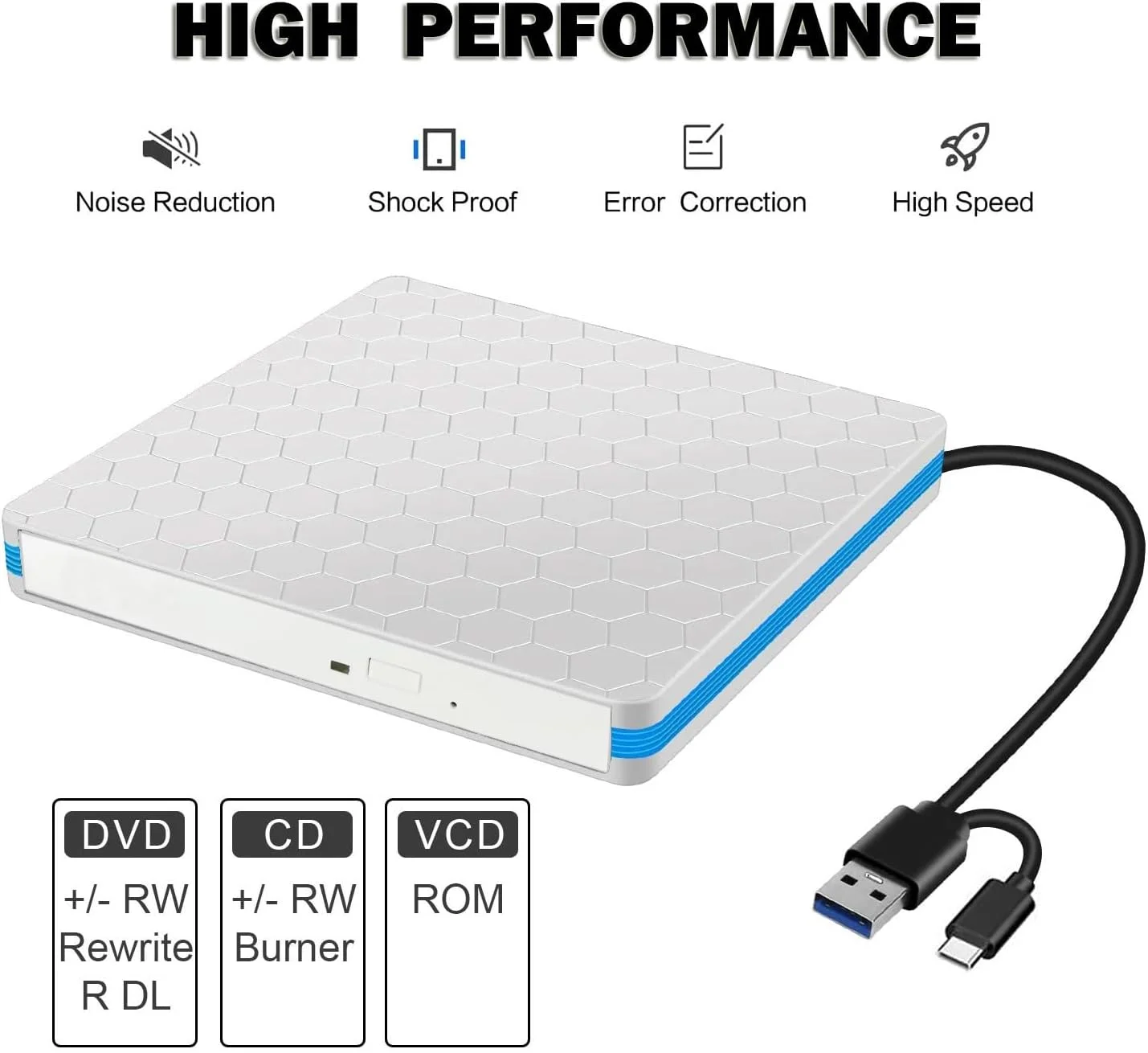 درایو نوری اکسترنال CD DVD اینتندوویژن، باریک، USB C رایتر، قابل حمل، تایپ C و USB 3.0، دستگاه پخش و رایت CD-RW DVD-R، سازگار با ویندوز 11/10/8/7، مناسب کامپیوتر، لپ تاپ و دسکتاپ (سفید)