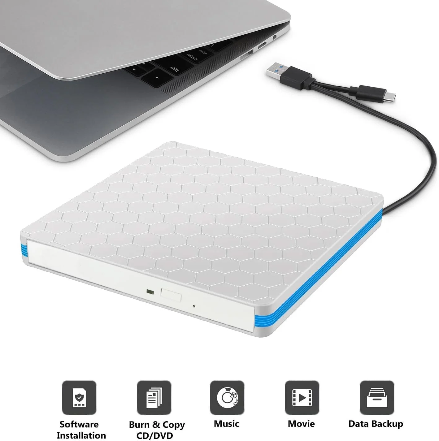 درایو نوری اکسترنال CD DVD اینتندوویژن، باریک، USB C رایتر، قابل حمل، تایپ C و USB 3.0، دستگاه پخش و رایت CD-RW DVD-R، سازگار با ویندوز 11/10/8/7، مناسب کامپیوتر، لپ تاپ و دسکتاپ (سفید)