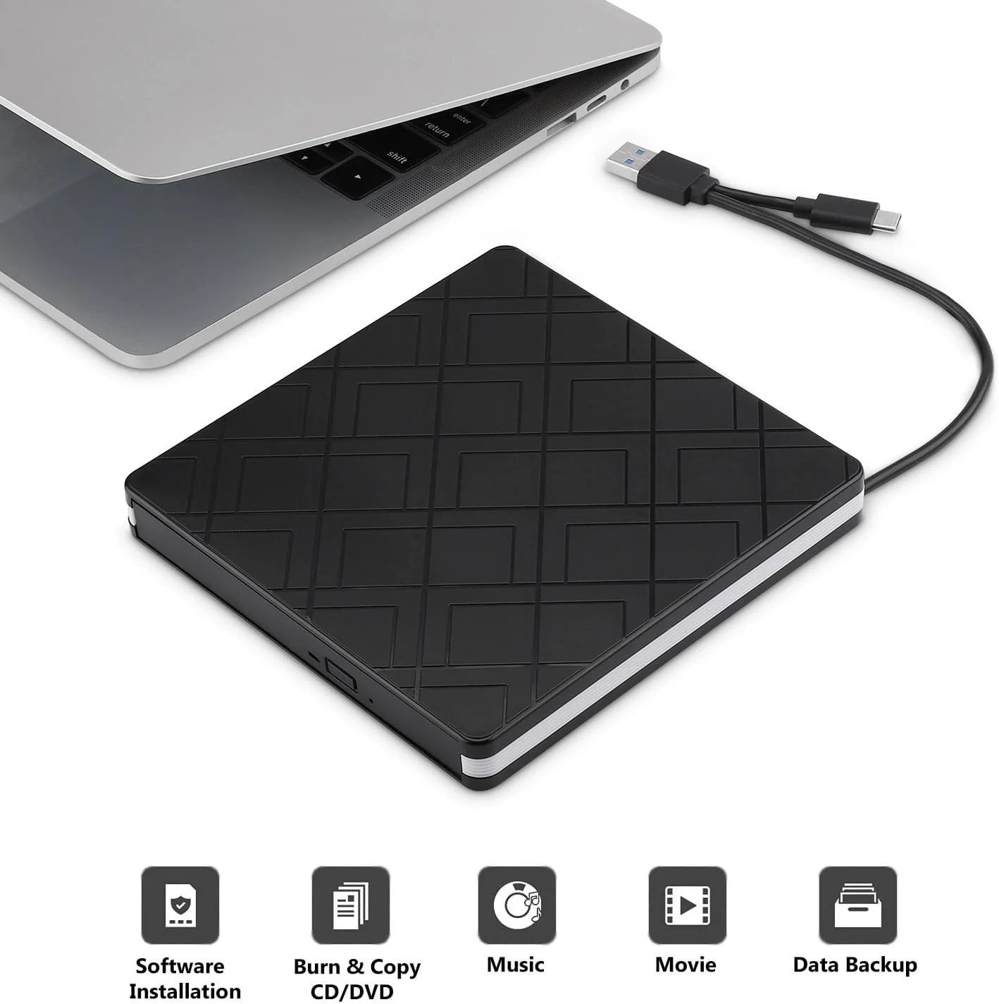 درایو نوری اکسترنال CD DVD باریک USB C رایتر قابل حمل Type C و USB 3.0 CD-RW DVD-R Combo CD Burner Player برای ویندوز 11/10/8/7 کامپیوتر لپ تاپ رومیزی