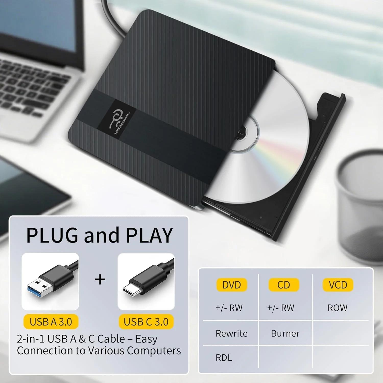 درایو نوری اکسترنال USB 3.0 و Type-C، پخش کننده و رایت/رایتر DVD+/-RW قابل حمل، سازگار با لپ تاپ، کامپیوتر، مک بوک پرو/ایر، ویندوز 11/10/8/7/XP، لینوکس