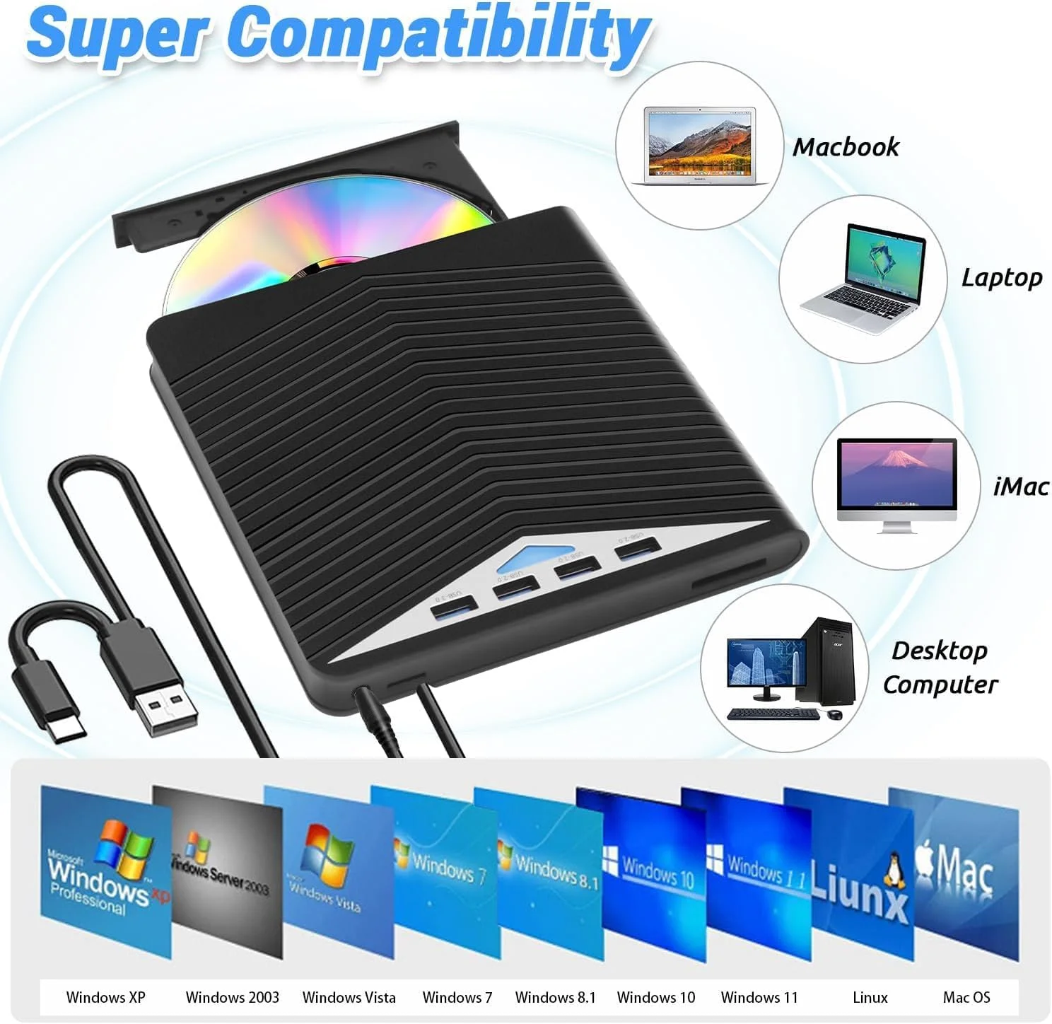 درایو نوری اکسترنال CD DVD، درایو اکسترنال USB 3.0 7 در 1، کارت توسعه دستگاه رایت DVD موبایل، درایو نوری اکسترنال کامپیوتر رومیزی