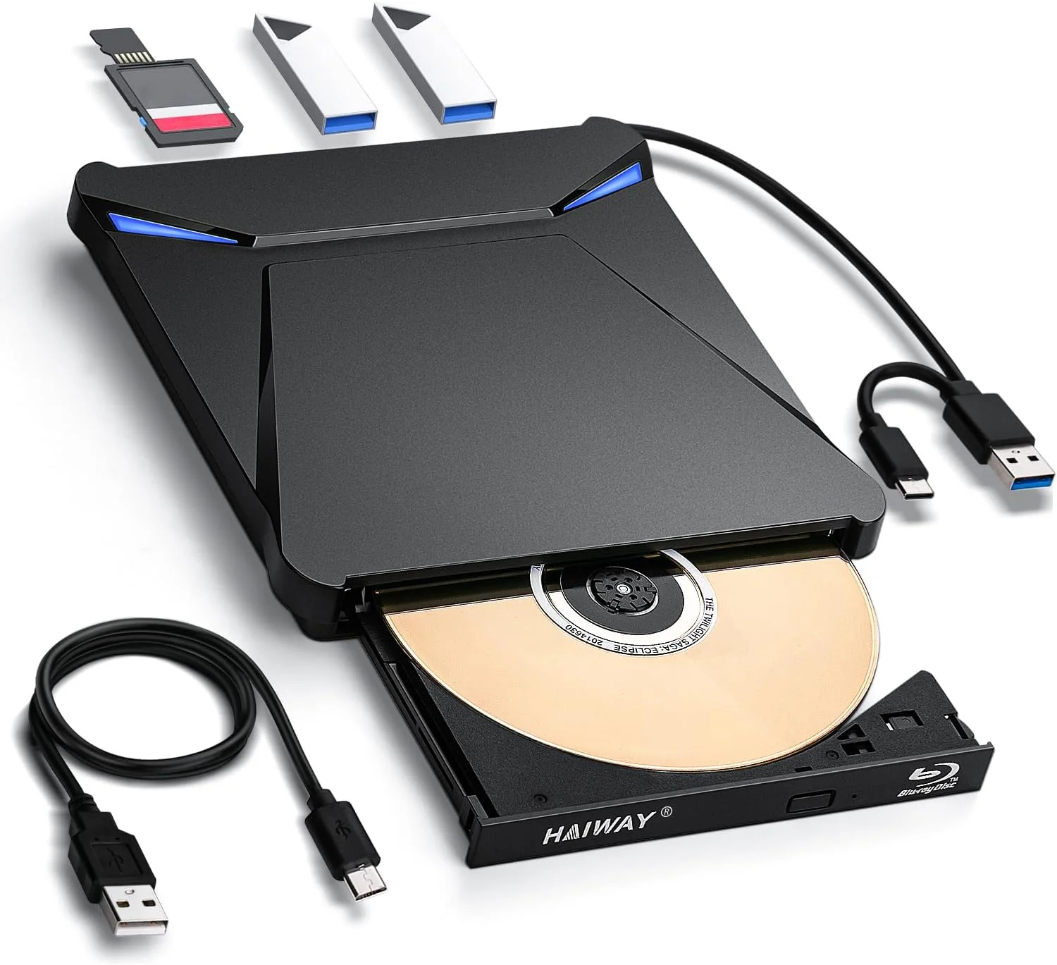 درایو اکسترنال بلوری رایتر 5 در 1، USB 3.0 و Type-C DVD/CD/Blu ray رایتر با کارت خوان SD/TF، پشتیبانی از دیسک های 100 گیگابایتی R/W برای ویندوز، لینوکس، macOS (PC/Laptop/Desktop)