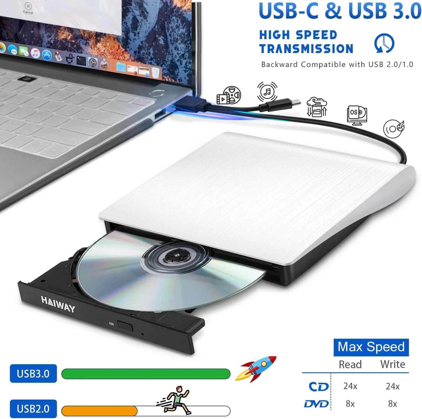 درایو اکسترنال CD DVD، درایو USB 3.0 قابل حمل CD DVD +/-RW باریک CD DVD ROM رایتر و پلیر برای لپ تاپ، کامپیوتر، مک بوک، ویندوز، لینوکس، مک او اس (سفید)