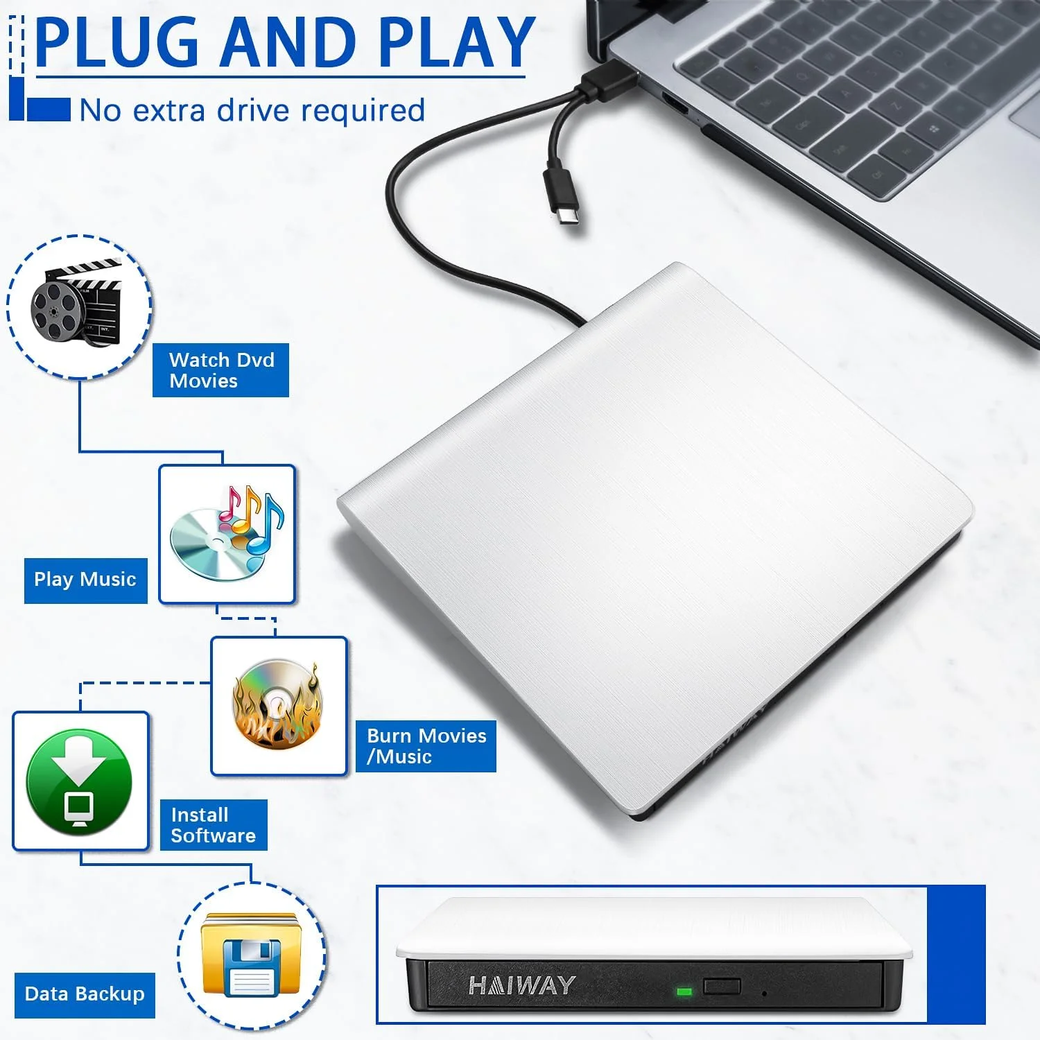 درایو اکسترنال CD DVD، درایو USB 3.0 قابل حمل CD DVD +/-RW باریک CD DVD ROM رایتر و پلیر برای لپ تاپ، کامپیوتر، مک بوک، ویندوز، لینوکس، مک او اس (سفید)