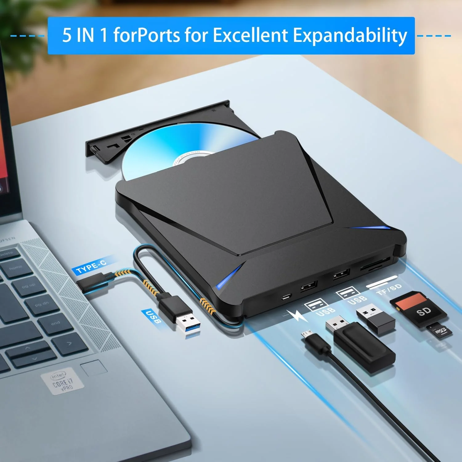 درایو اکسترنال بلوری رایتر 5 در 1، USB 3.0 و Type-C DVD/CD/Blu ray رایتر با کارت خوان SD/TF، پشتیبانی از دیسک های 100 گیگابایتی R/W برای ویندوز، لینوکس، macOS (PC/Laptop/Desktop)