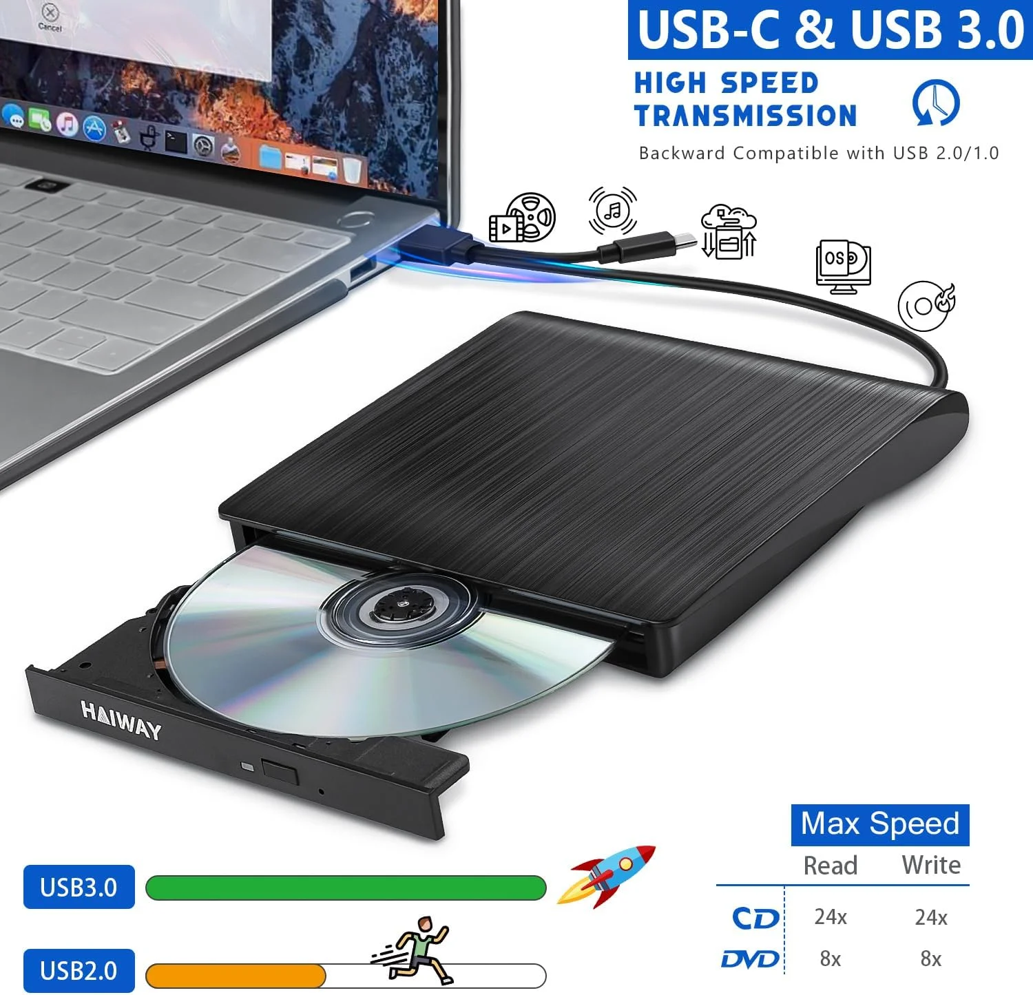 درایو اکسترنال CD/DVD، درایو قابل حمل USB 3.0 CD/DVD +/-RW، درایو نوری باریک CD/DVD ROM، رایتر و رکوردر Superdrive با سرعت انتقال داده بالا برای لپ تاپ، کامپیوتر رومیزی، ویندوز 7/8.1/10، سیستم عامل لینوکس