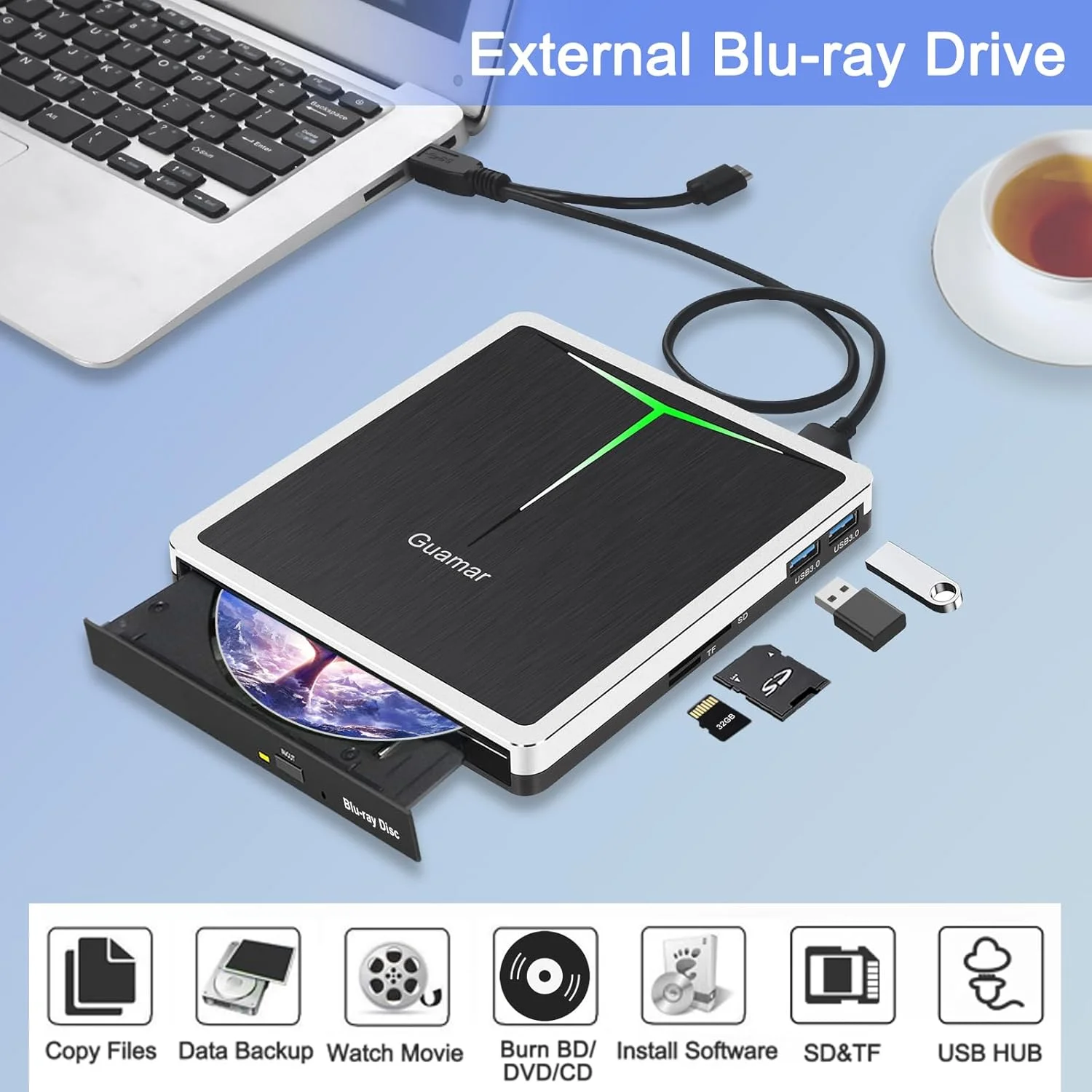 درایو بلوری اکسترنال Guamar، USB 3.0 Type C رایتر بلوری DVD/BD پلیر باریک قابل حمل بلوری درایو اپتیکال بلوری دیسک ریدر رایتر برای کامپیوتر لپ تاپ مک بوک کامپیوتر رومیزی ویندوز 11