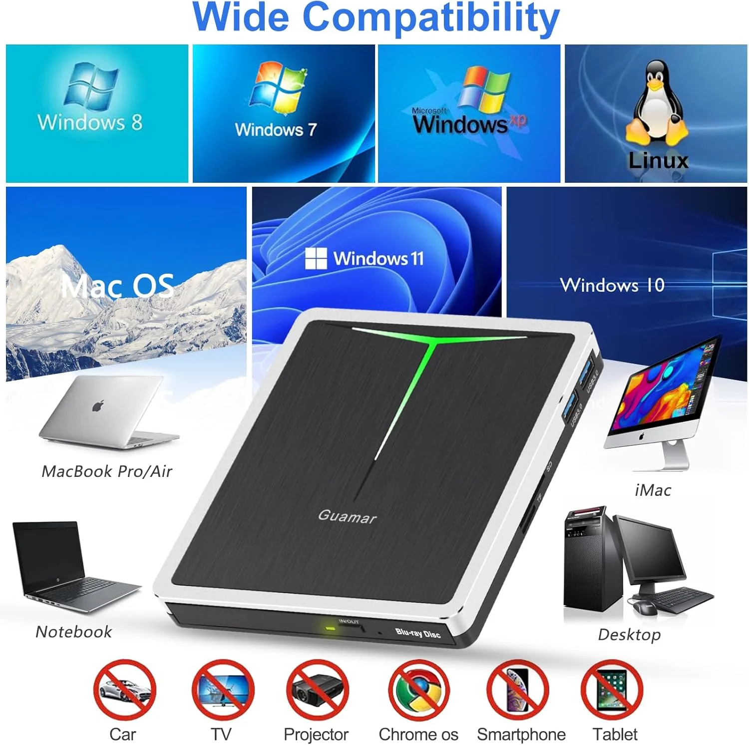 درایو بلوری اکسترنال Guamar، USB 3.0 Type C رایتر بلوری DVD/BD پلیر باریک قابل حمل بلوری درایو اپتیکال بلوری دیسک ریدر رایتر برای کامپیوتر لپ تاپ مک بوک کامپیوتر رومیزی ویندوز 11