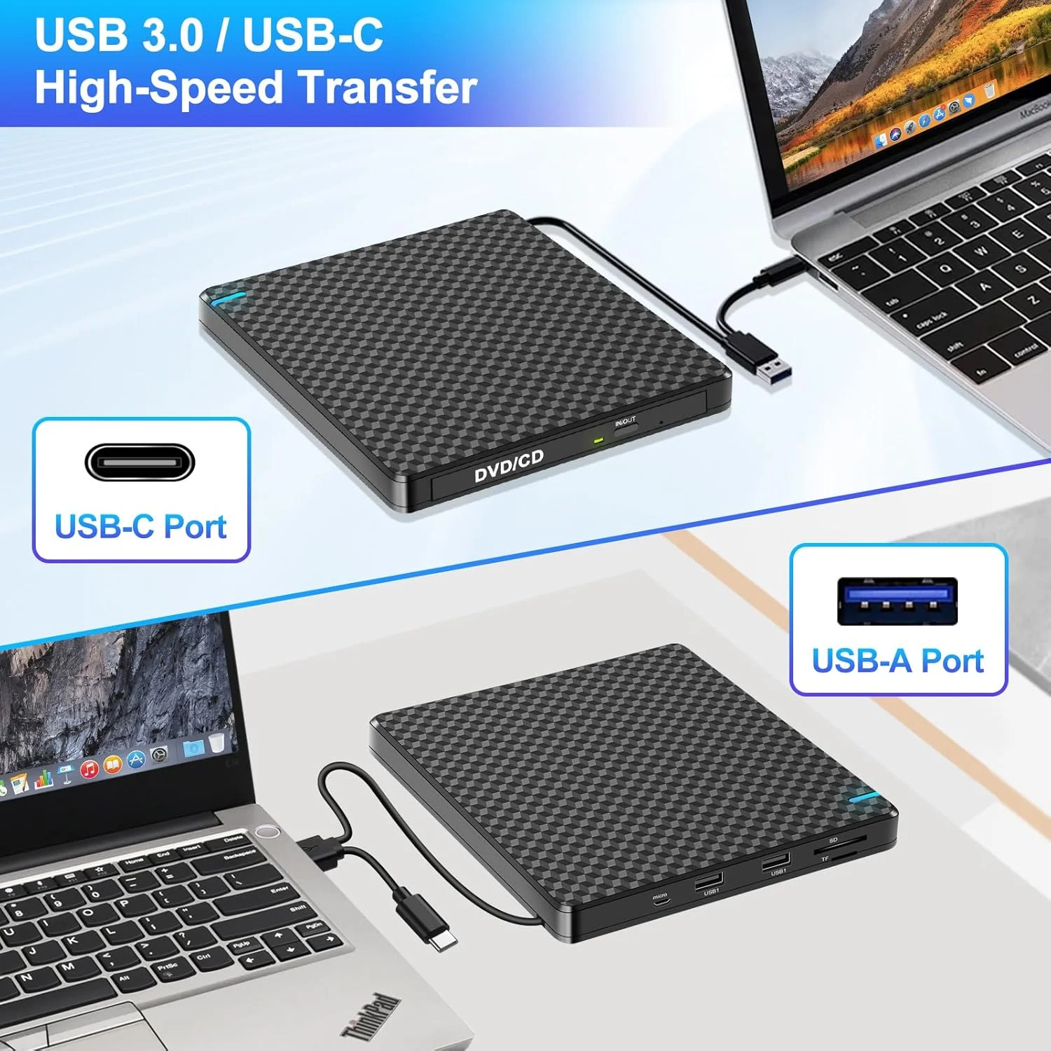 درایو نوری اکسترنال Guamar: پخش کننده DVD قابل حمل با USB-C برای لپ تاپ، کامپیوتر، مک بوک، ویندوز 11/10 با اسلات SD/TF و 2 پورت USB، اتصال و پخش (مشکی) درایو نوری اکسترنال Guamar: پخش کننده DVD قابل حمل با USB-C برای لپ تاپ، کامپیوتر، مک بوک، ویندوز 11/10 با اسلات SD/TF و 2 پورت USB، اتصال و پخش (مشکی)
